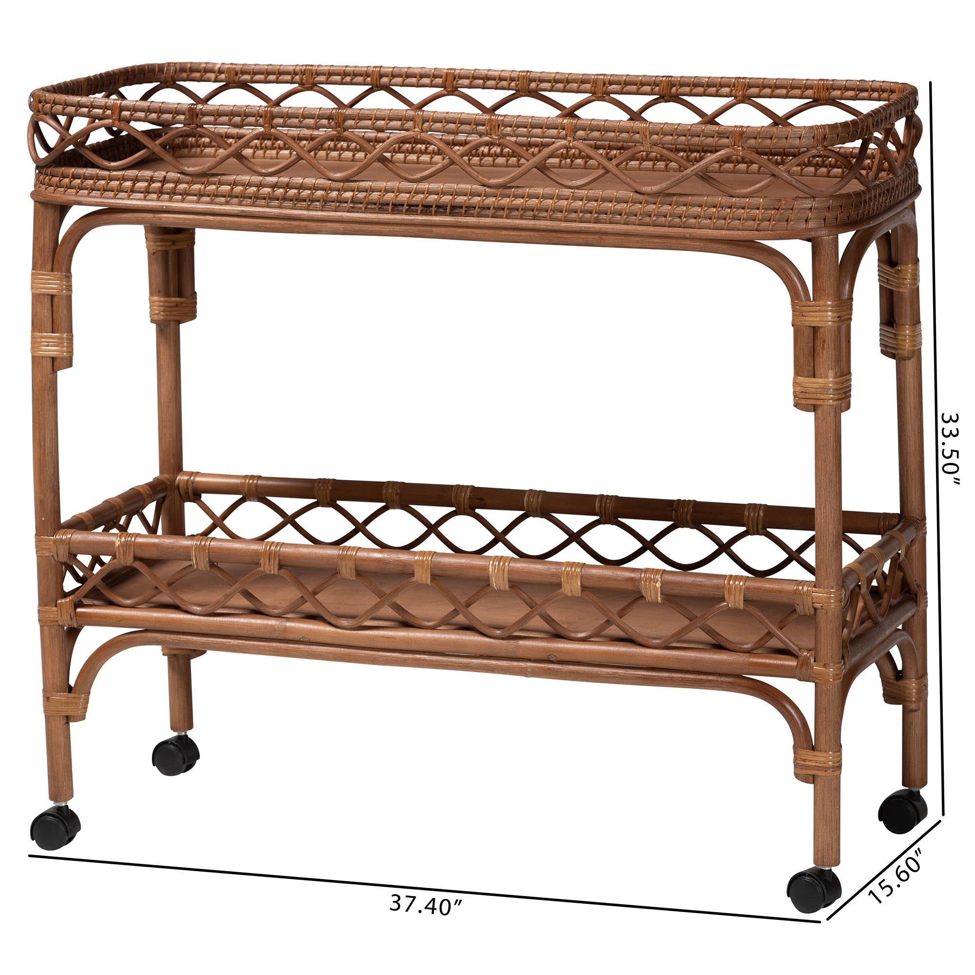bali & pari Fumiyo Natural Rattan Kitchen Cart - Handwoven Wicker Two-Tier Serving Cart with Raised Openwork Borders and Wheels