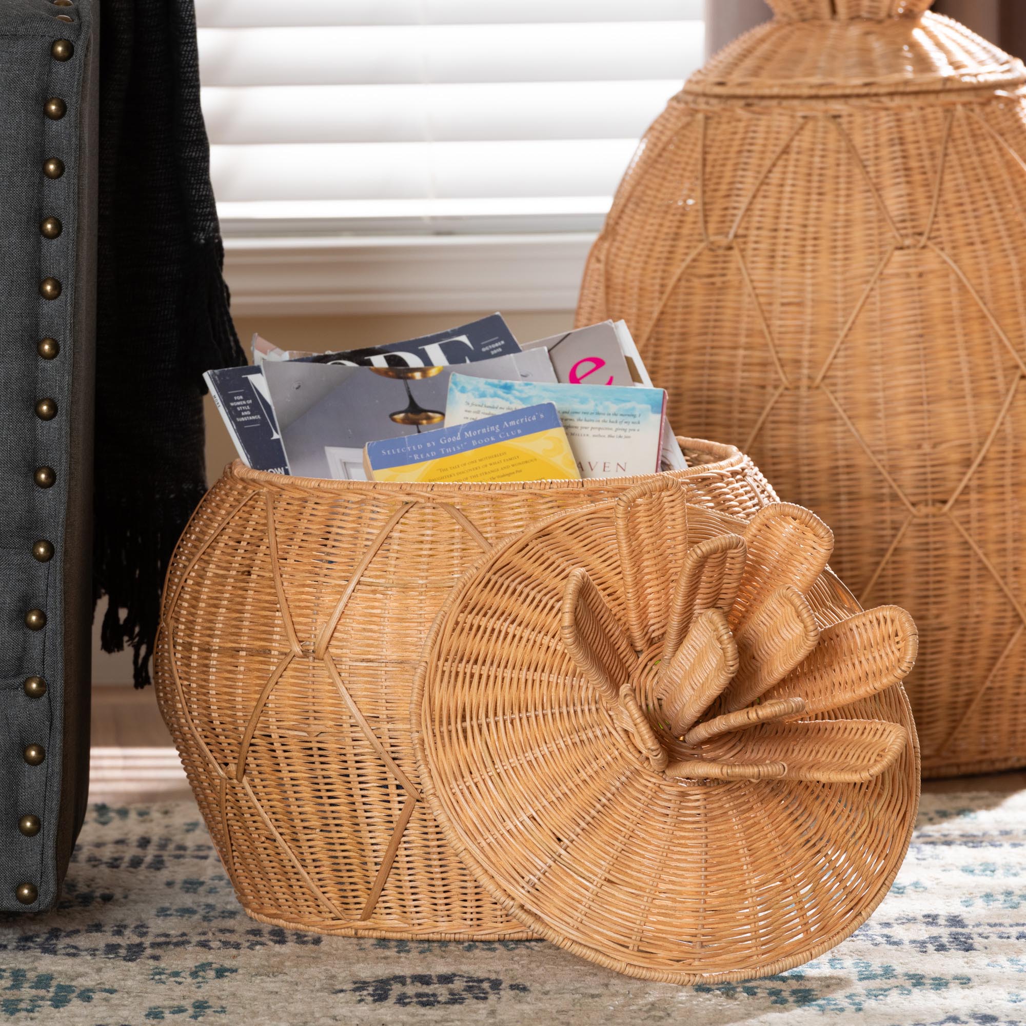 bali & pari Pelham Natural Rattan Laundry Hamper - Handwoven Wicker Storage Basket for Laundry Room, Bathroom, or Bedroom Organization, Small