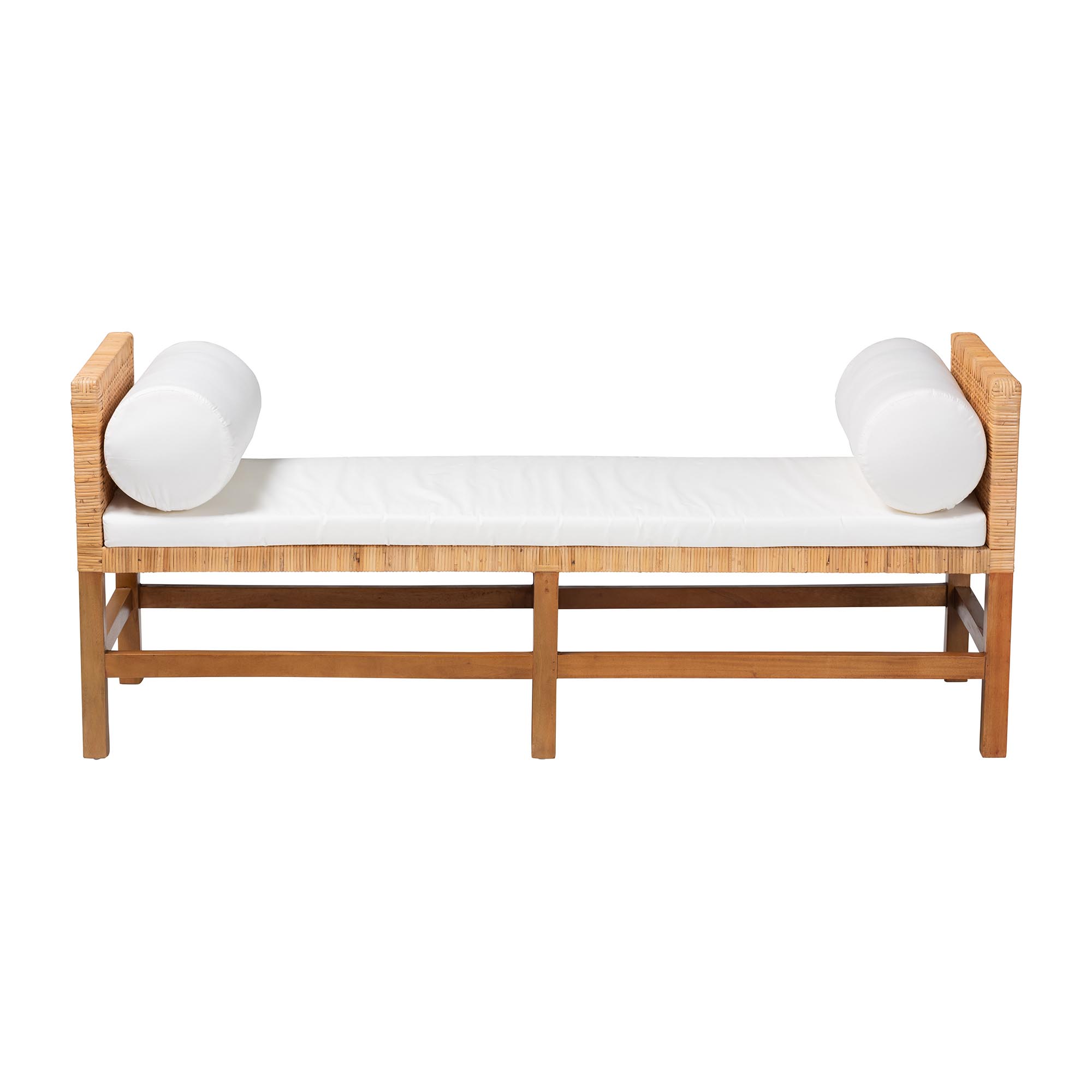 bali & pari Vivan Natural Rattan Bench - Handwoven Wicker Accent Seating with Cushion and Pillows, Backless