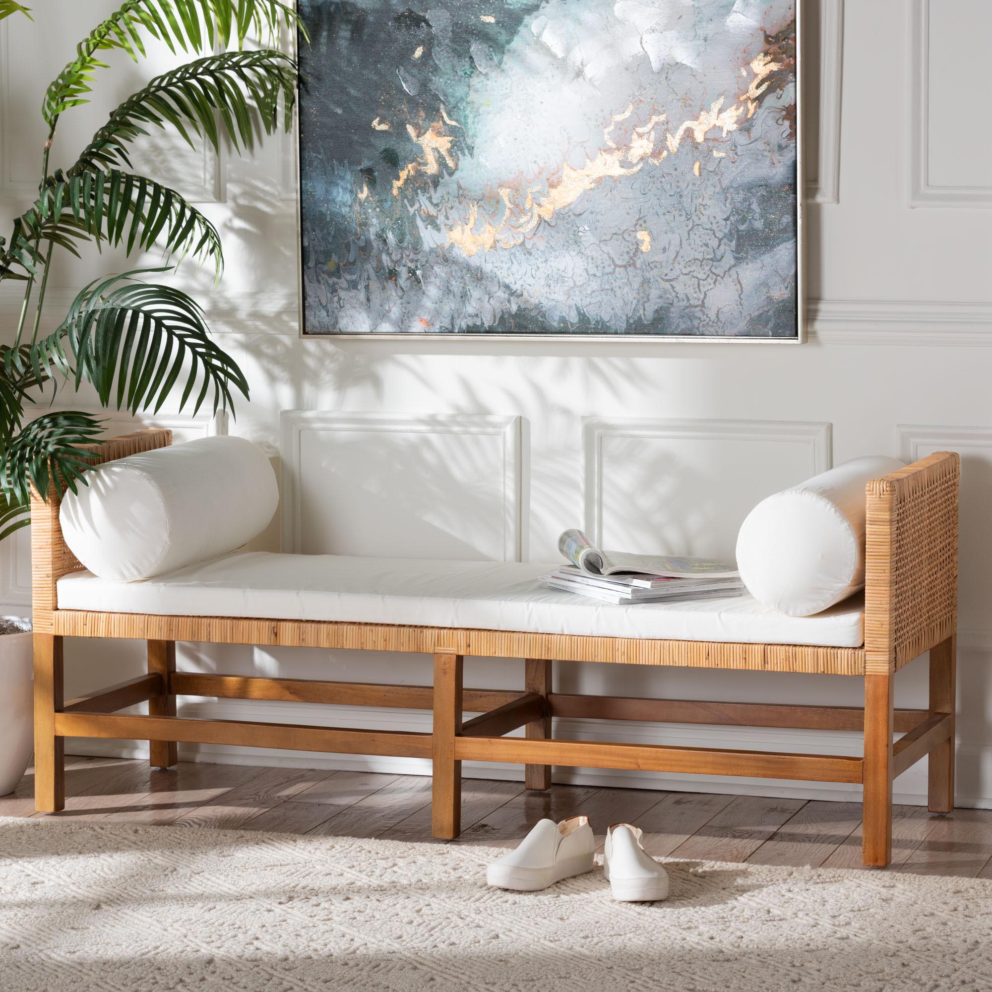 bali & pari Vivan Natural Rattan Bench - Handwoven Wicker Accent Seating with Cushion and Pillows, Backless