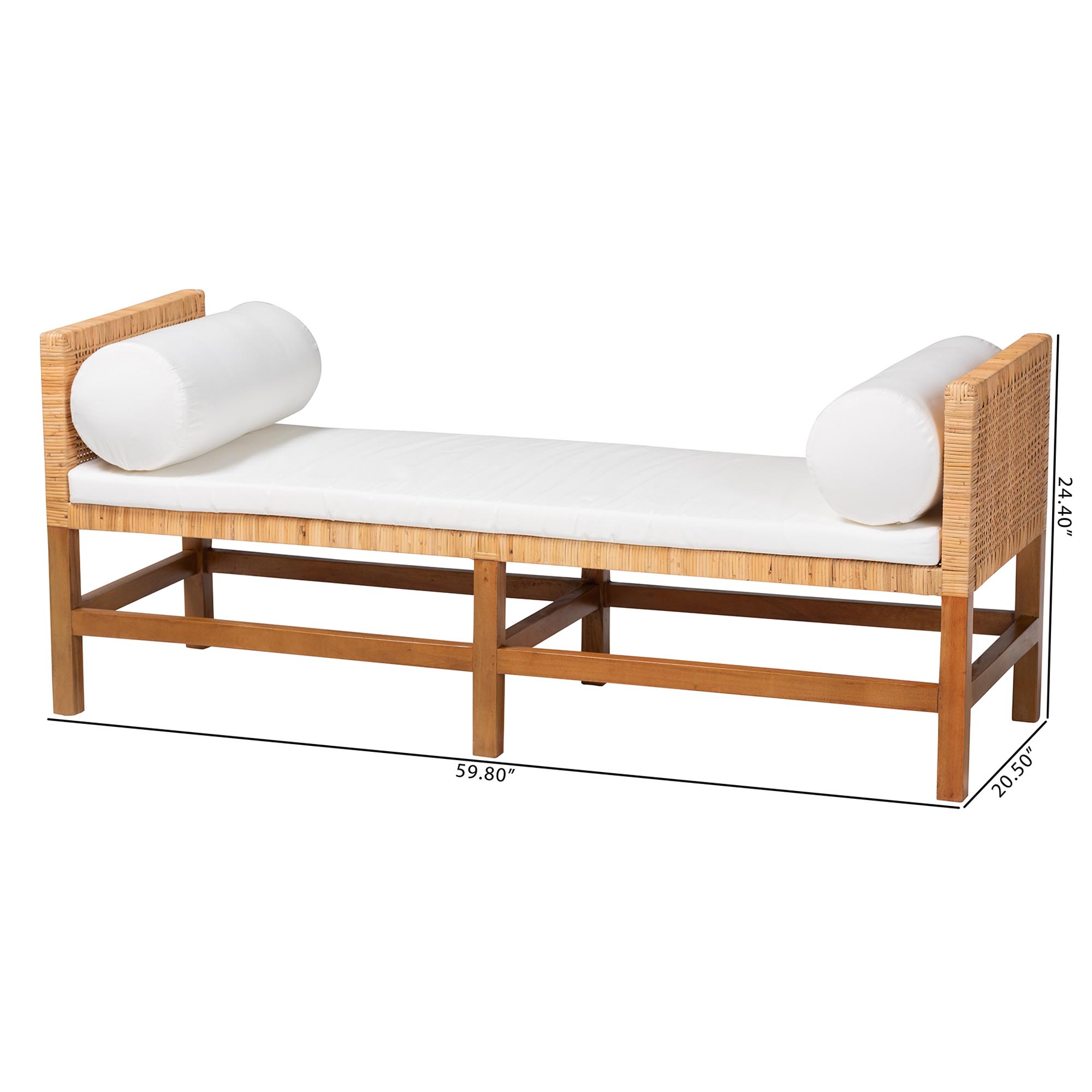 bali & pari Vivan Natural Rattan Bench - Handwoven Wicker Accent Seating with Cushion and Pillows, Backless