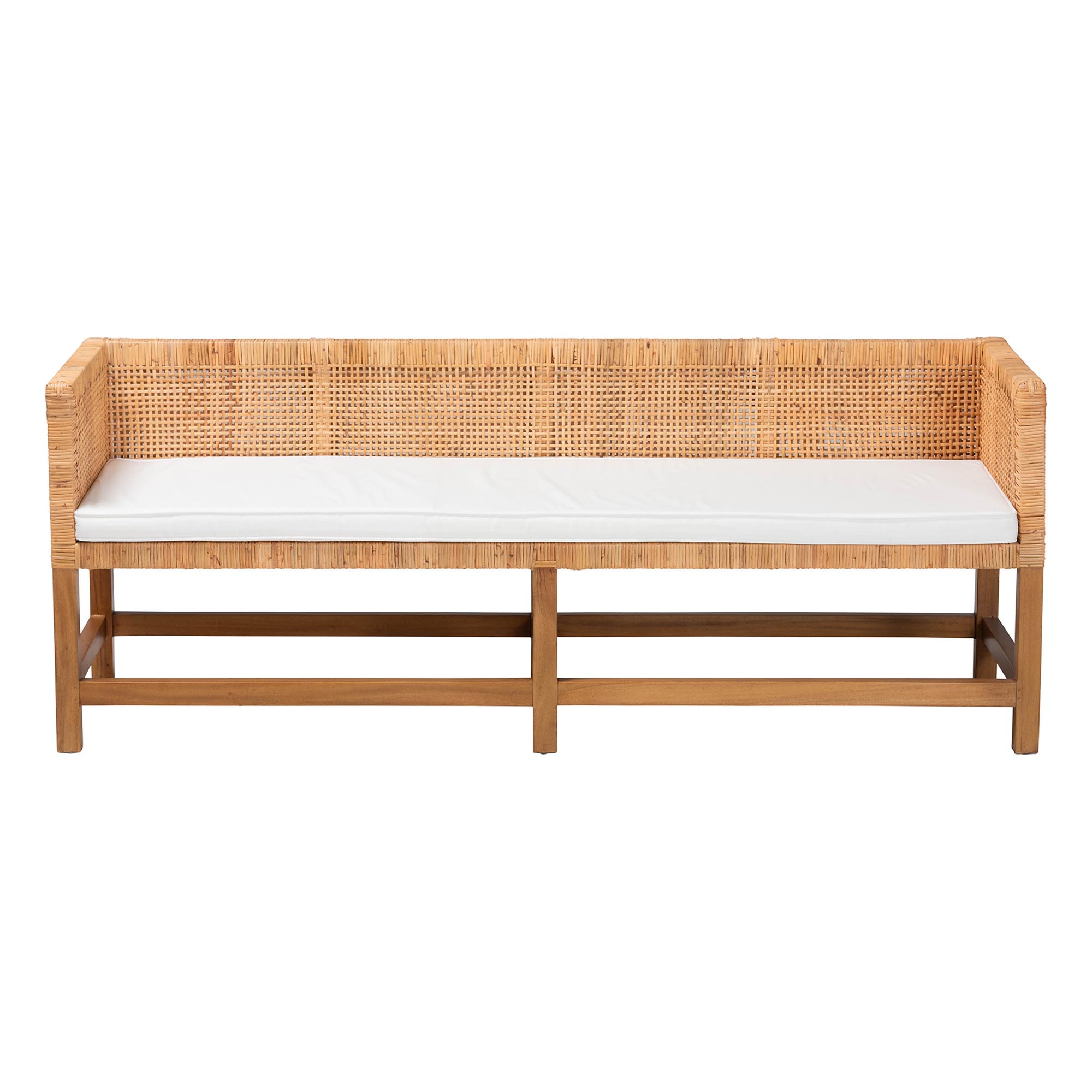bali & pari Vivan Natural Rattan Bench - Handwoven Wicker Accent Seating with Cushion and Backrest