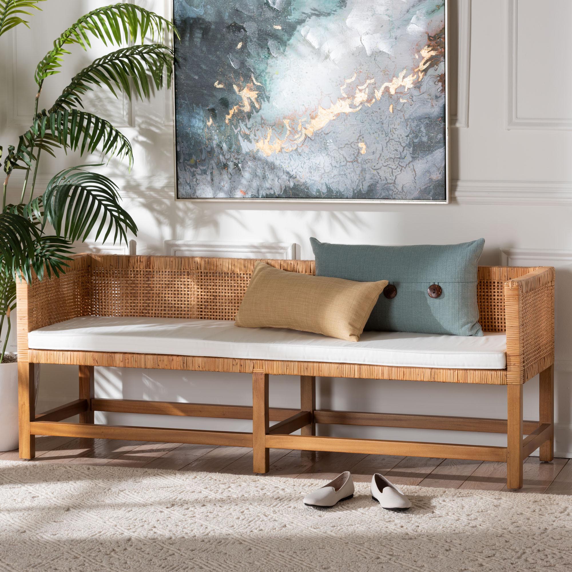 bali & pari Vivan Natural Rattan Bench - Handwoven Wicker Accent Seating with Cushion and Backrest