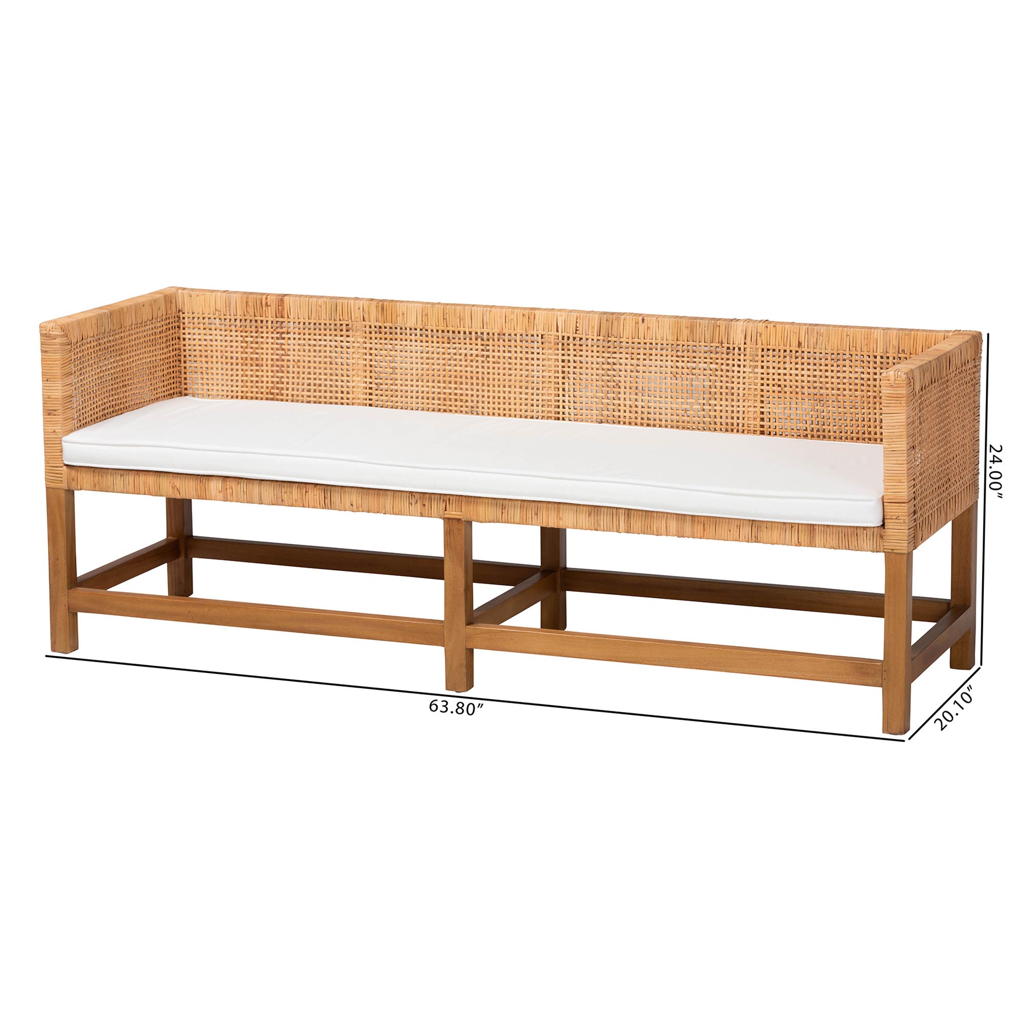 bali & pari Vivan Natural Rattan Bench - Handwoven Wicker Accent Seating with Cushion and Backrest