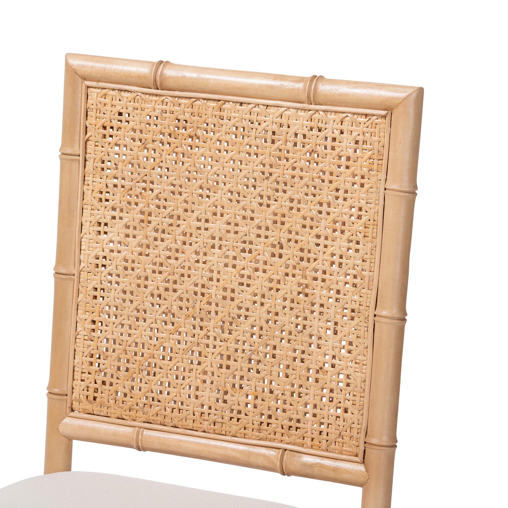 bali & pari Sandy Dining Chair - Crafted Wood and Natural Rattan Side Chair with Bamboo Motif and Upholstered Seat