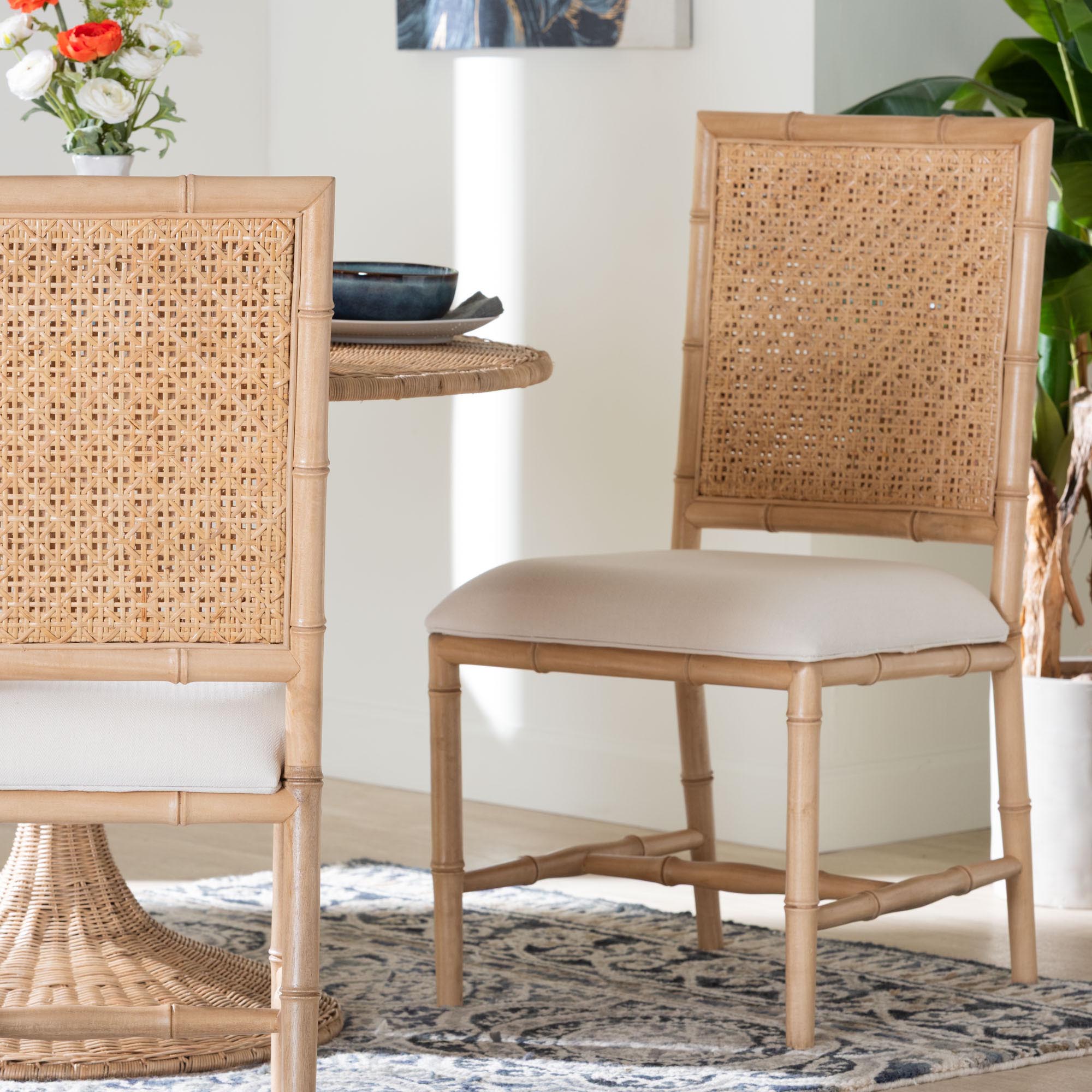 bali & pari Sandy Dining Chair - Crafted Wood and Natural Rattan Side Chair with Bamboo Motif and Upholstered Seat