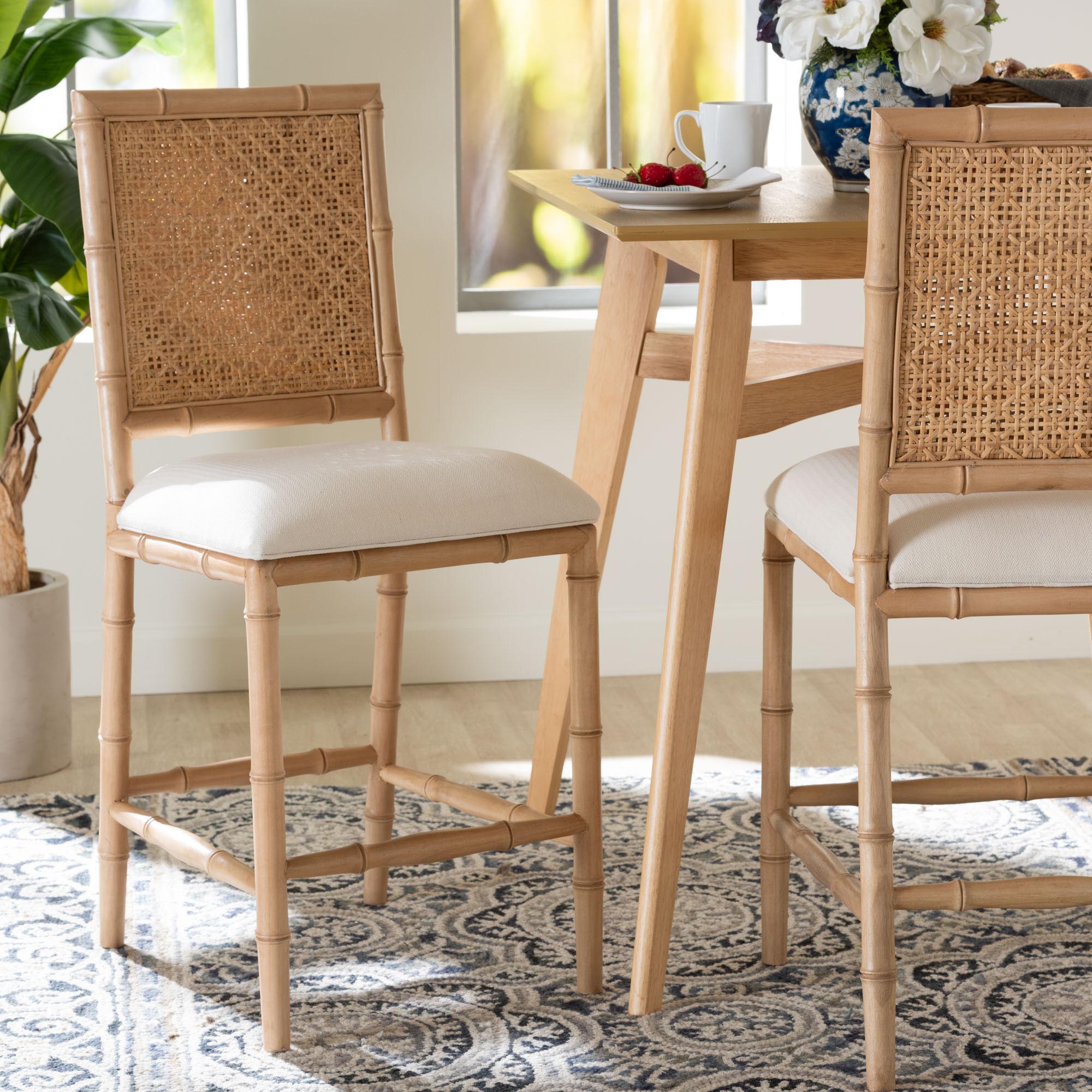 bali & pari Sandy Counter Stool - Crafted Wood and Natural Rattan Lounge Seating with Bamboo Motif and Upholstered Seat
