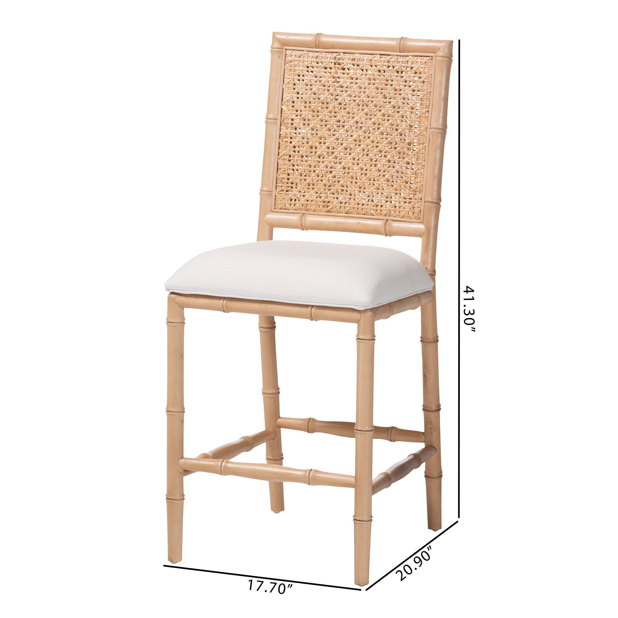 bali & pari Sandy Counter Stool - Crafted Wood and Natural Rattan Lounge Seating with Bamboo Motif and Upholstered Seat