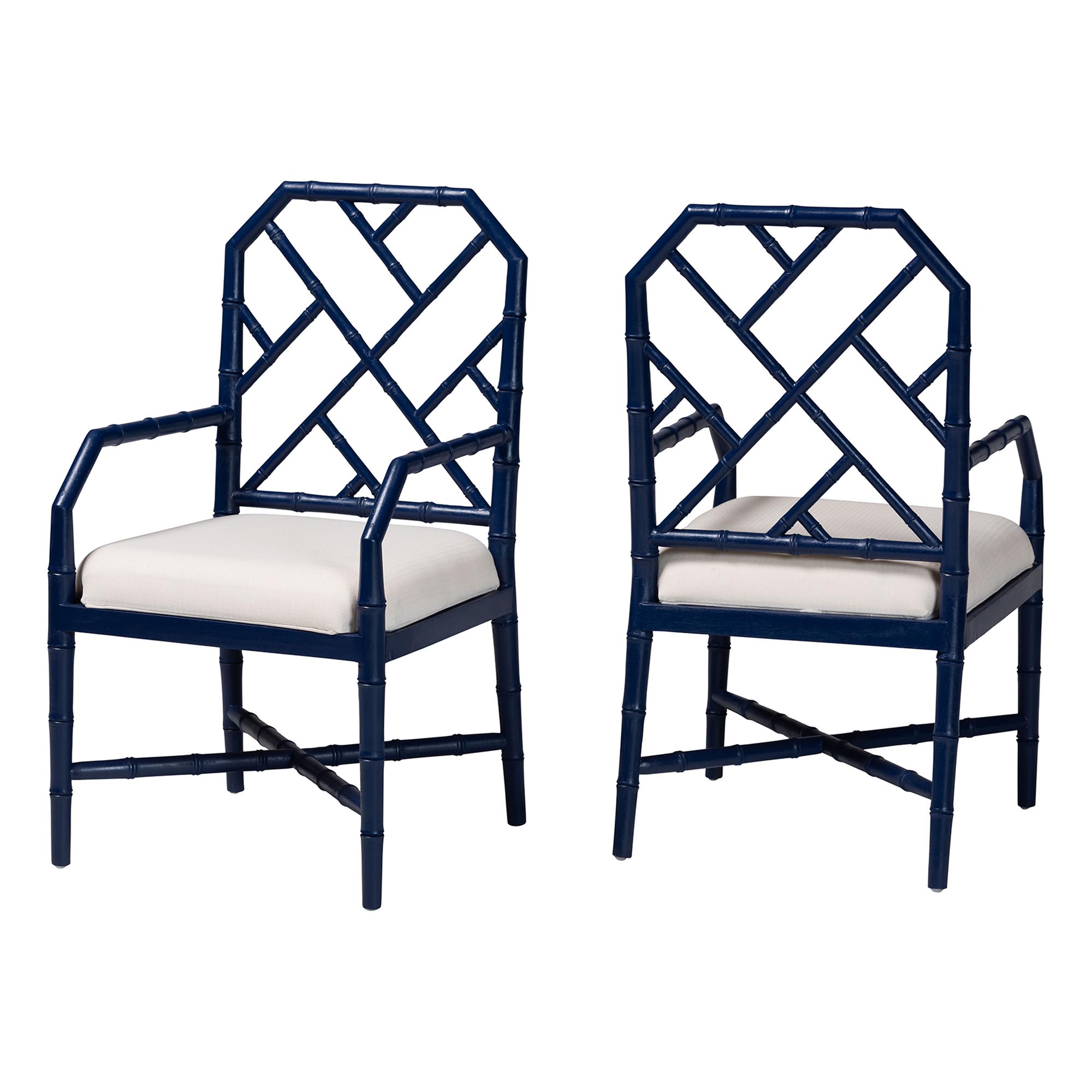 bali & pari Sergio Wood 2-Piece Dining Chair Set - Chippendale Side Chair with Bamboo Motif and Upholstered Seat Cushion, Navy Blue