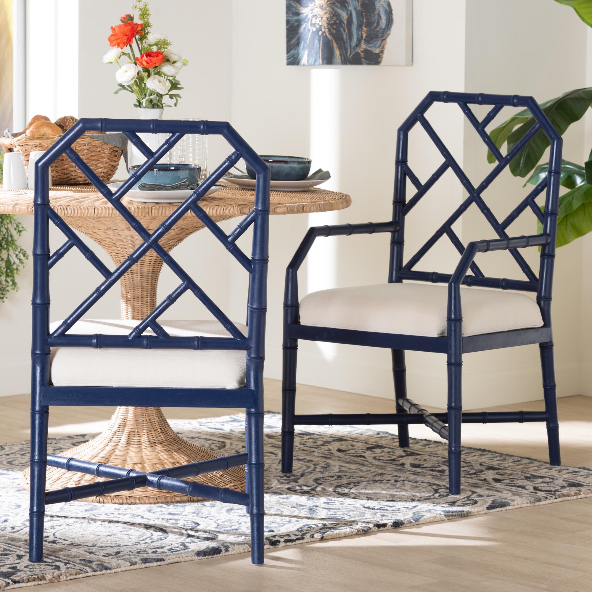 bali & pari Sergio Wood 2-Piece Dining Chair Set - Chippendale Side Chair with Bamboo Motif and Upholstered Seat Cushion, Navy Blue