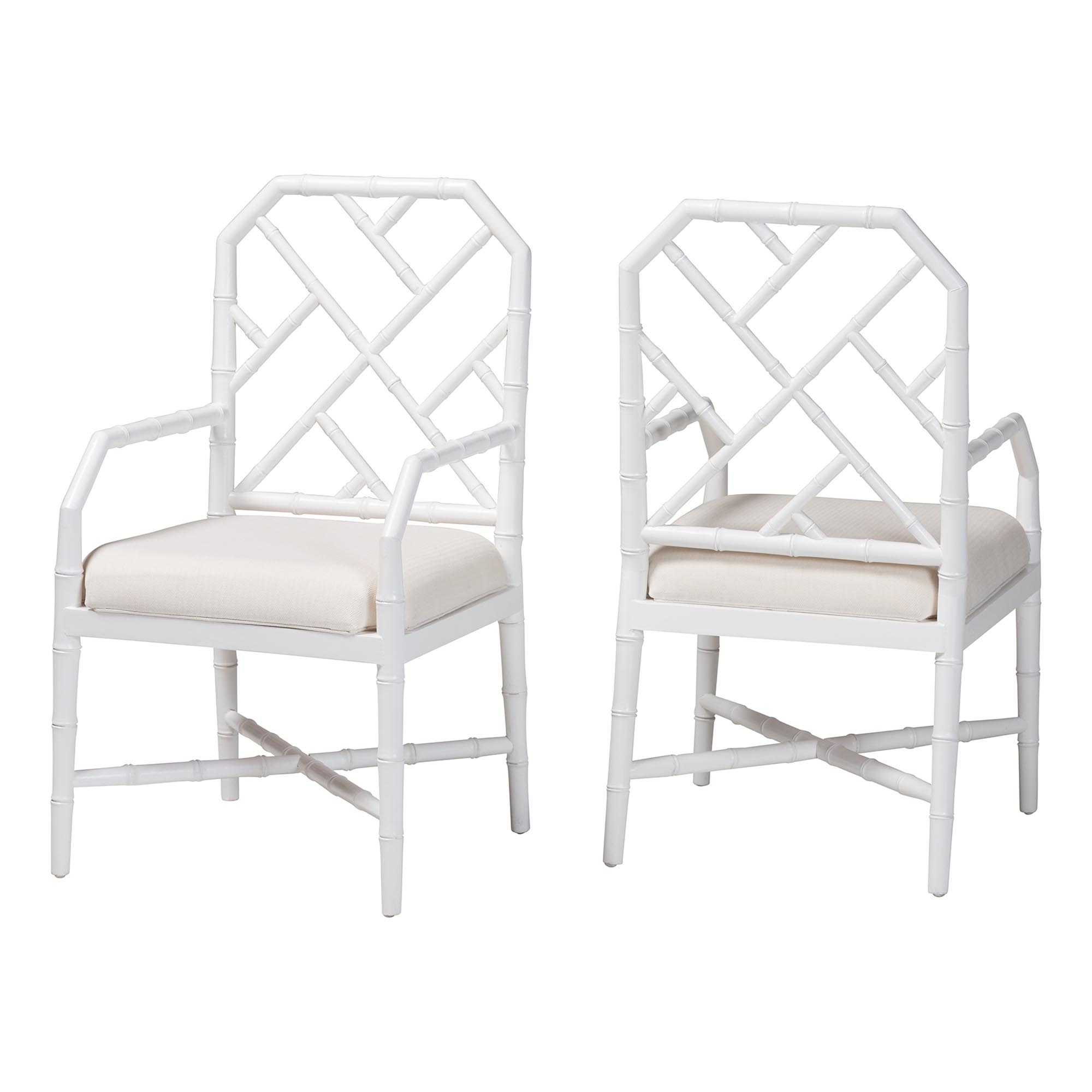bali & pari Sergio Wood 2-Piece Dining Chair Set - Chippendale Side Chair with Bamboo Motif and Upholstered Seat Cushion, White