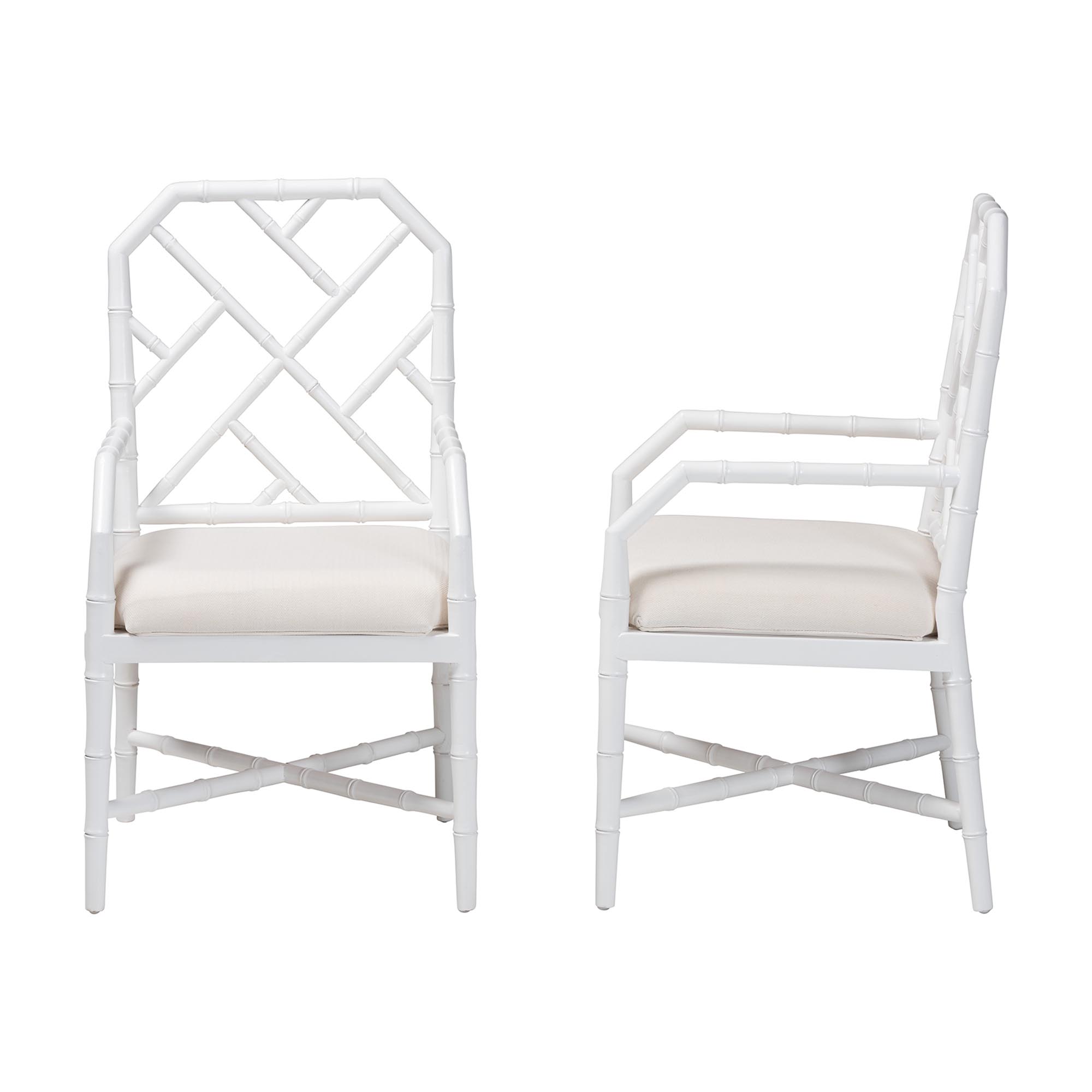 bali & pari Sergio Wood 2-Piece Dining Chair Set - Chippendale Side Chair with Bamboo Motif and Upholstered Seat Cushion, White