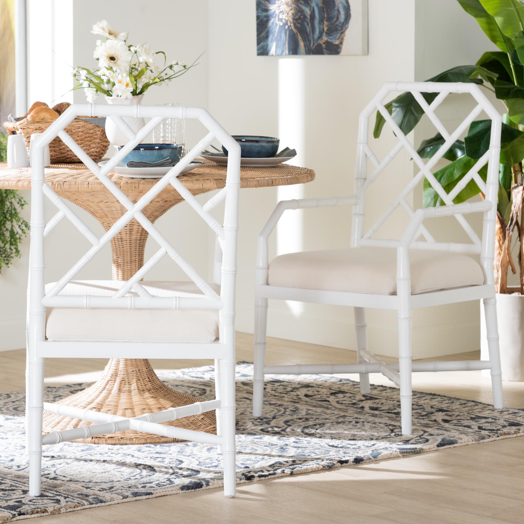 bali & pari Sergio Wood 2-Piece Dining Chair Set - Chippendale Side Chair with Bamboo Motif and Upholstered Seat Cushion, White