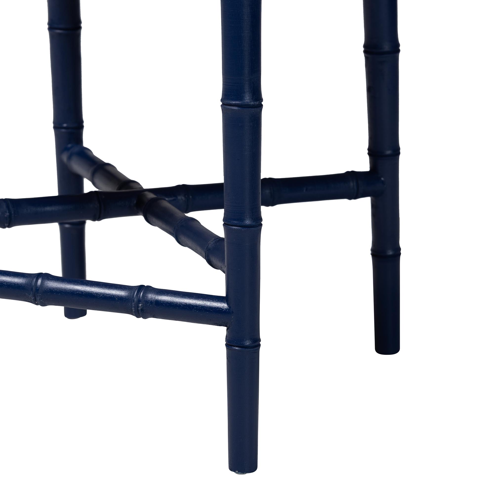 bali & pari Sergio Wood Counter Stool - Chippendale Kitchen Island Seating with Bamboo Motif and Upholstered Seat Cushion, Navy Blue