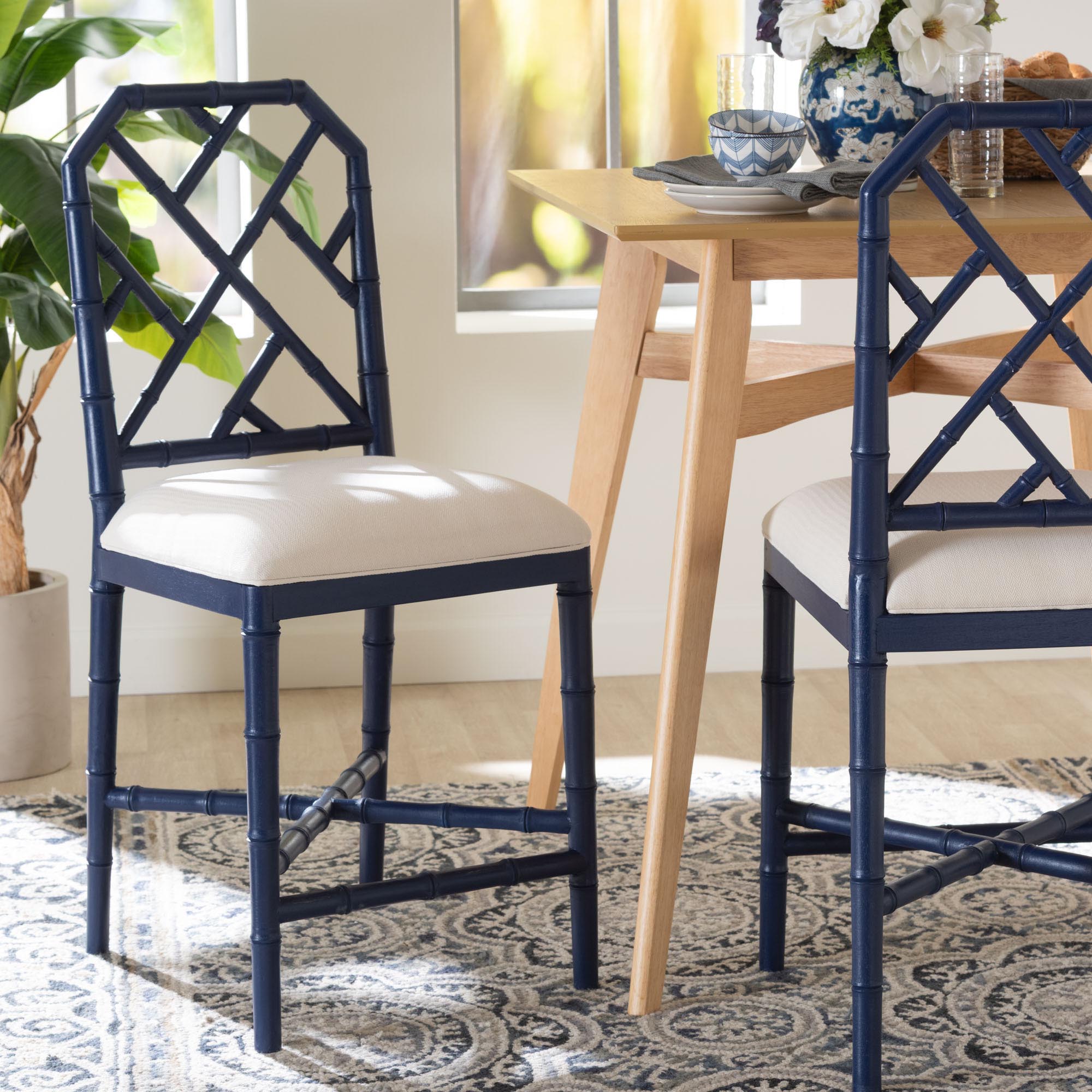 bali & pari Sergio Wood Counter Stool - Chippendale Kitchen Island Seating with Bamboo Motif and Upholstered Seat Cushion, Navy Blue