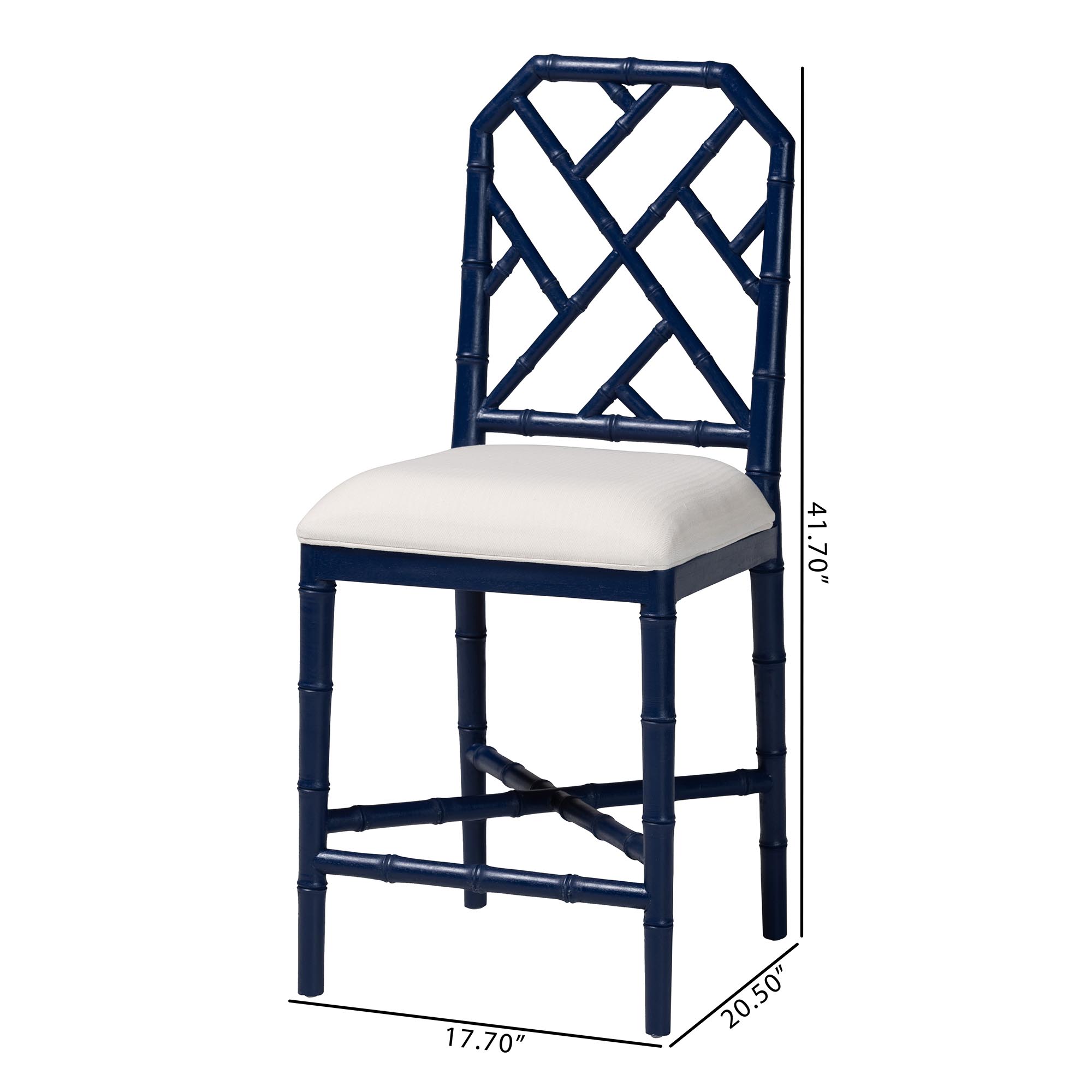 bali & pari Sergio Wood Counter Stool - Chippendale Kitchen Island Seating with Bamboo Motif and Upholstered Seat Cushion, Navy Blue