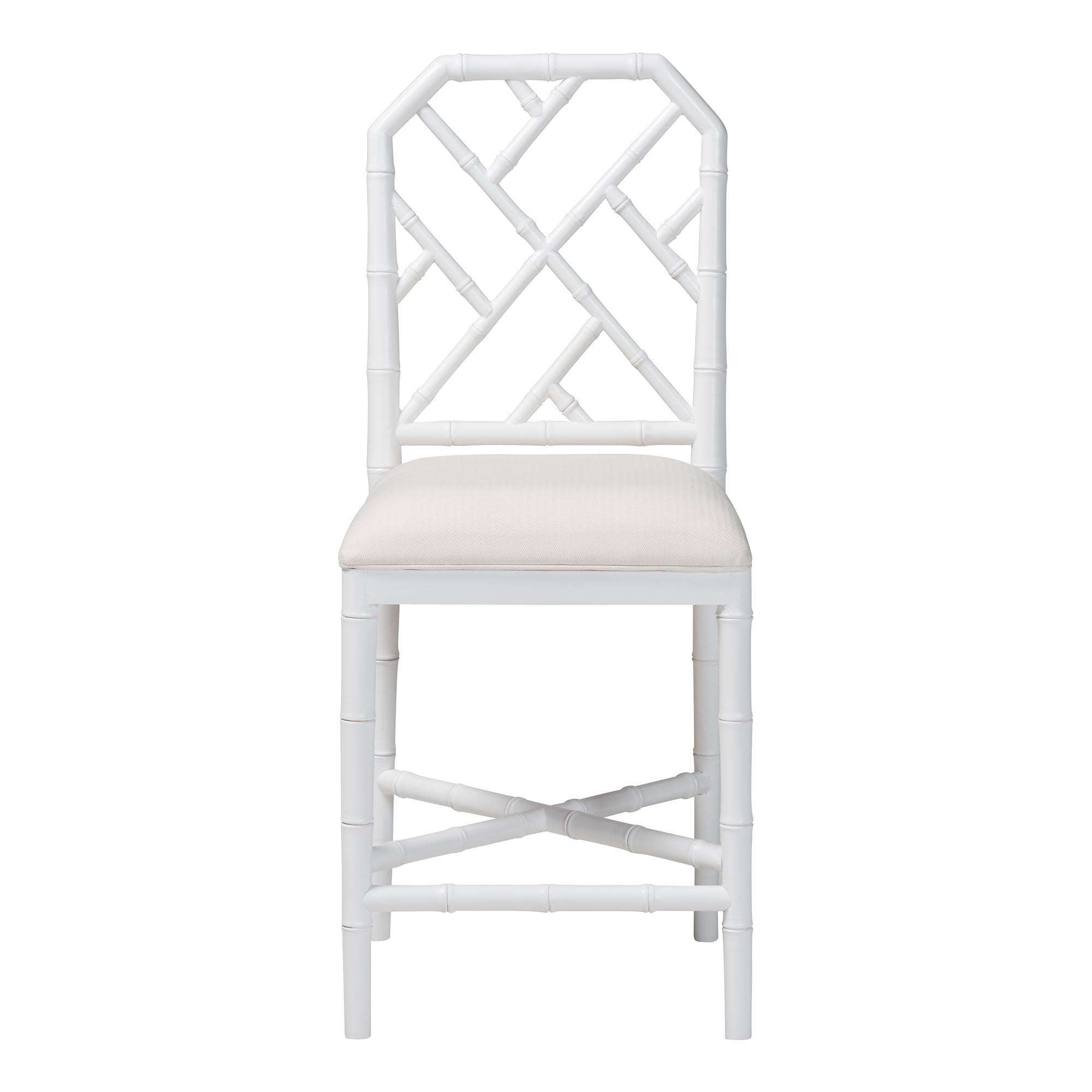 bali & pari Sergio Wood Counter Stool - Chippendale Kitchen Island Seating with Bamboo Motif and Upholstered Seat Cushion, White