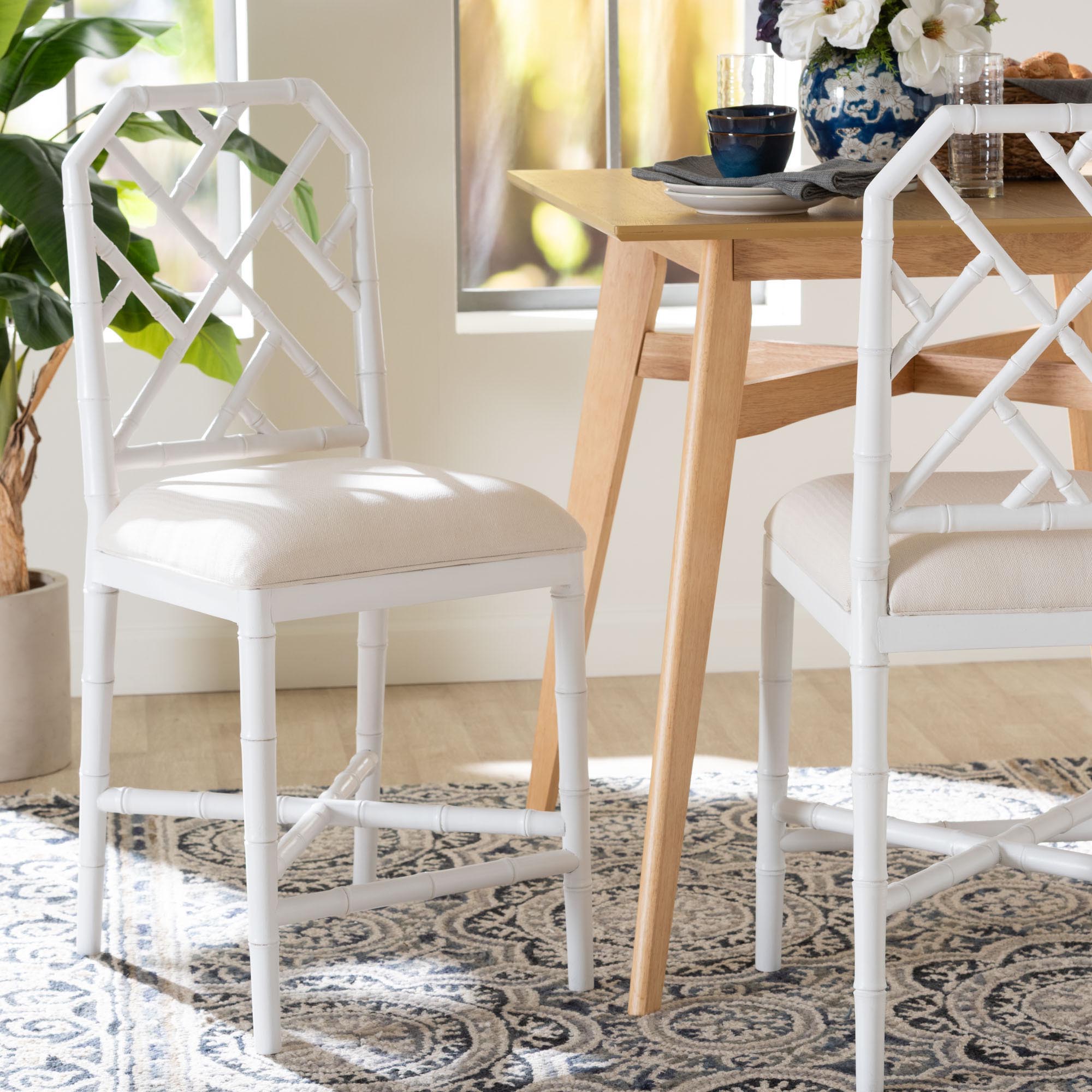 bali & pari Sergio Wood Counter Stool - Chippendale Kitchen Island Seating with Bamboo Motif and Upholstered Seat Cushion, White