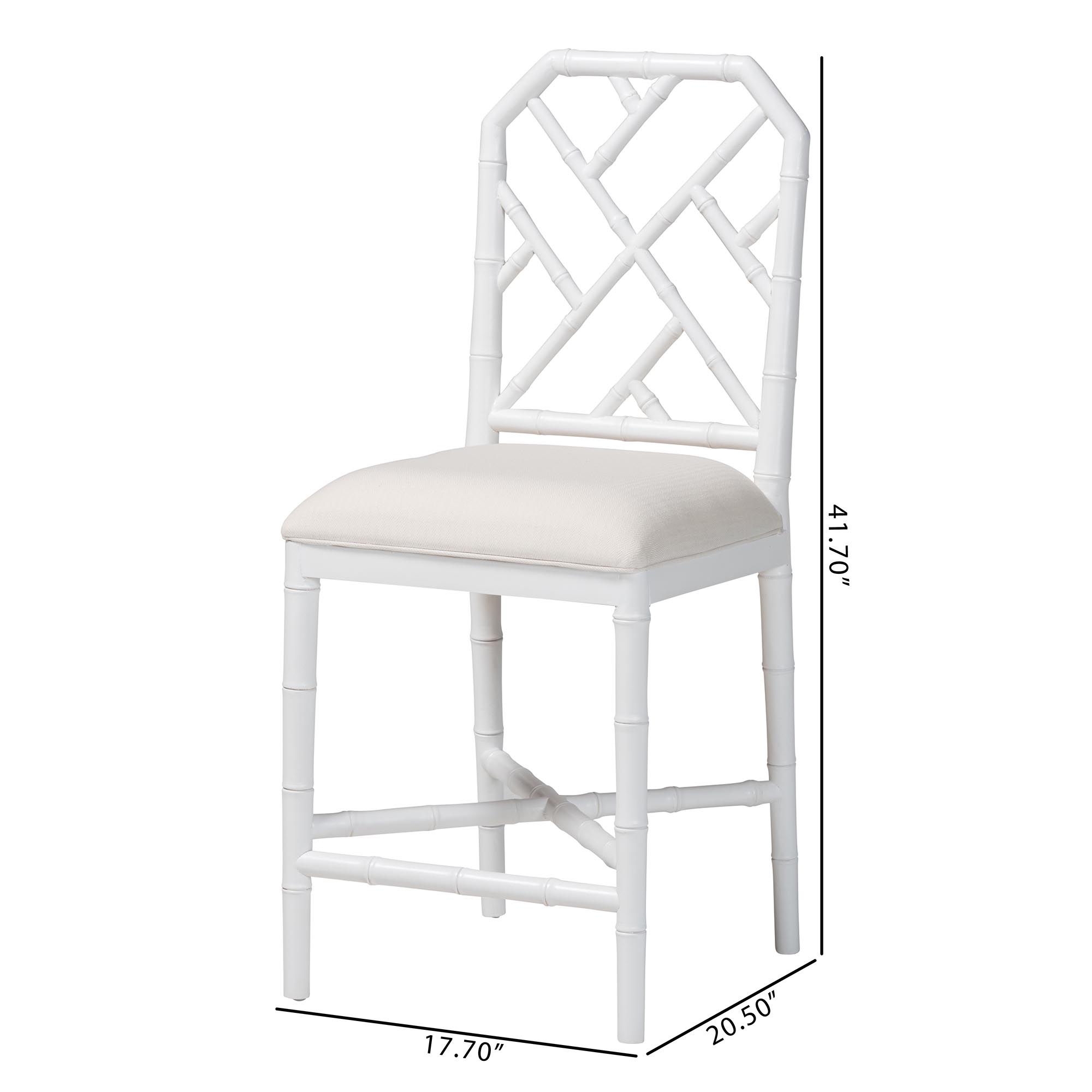 bali & pari Sergio Wood Counter Stool - Chippendale Kitchen Island Seating with Bamboo Motif and Upholstered Seat Cushion, White