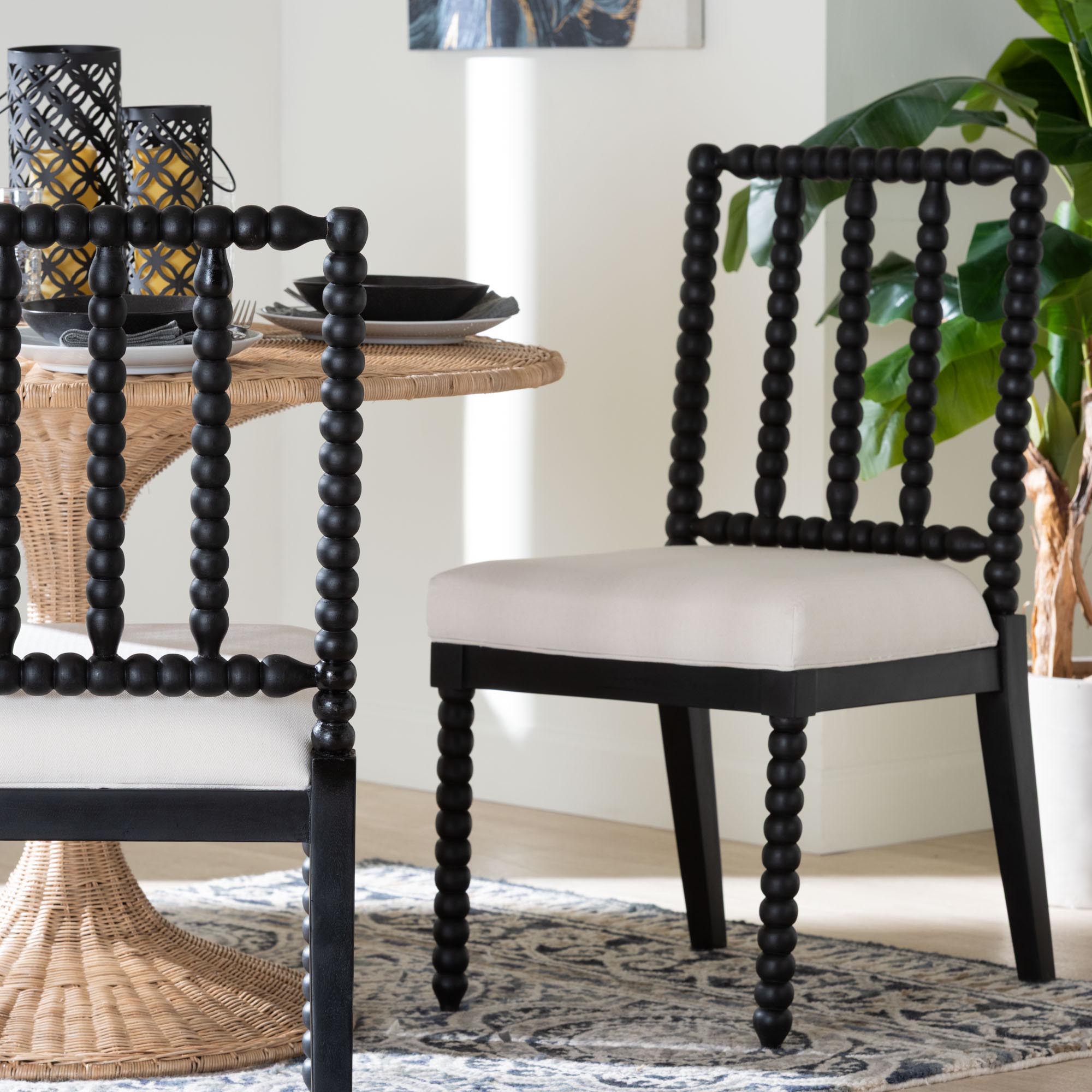 bali & pari Deya Bobbin Dining Chair - Wood Side Chair with Upholstered Seat and Spindle Backrest, Black