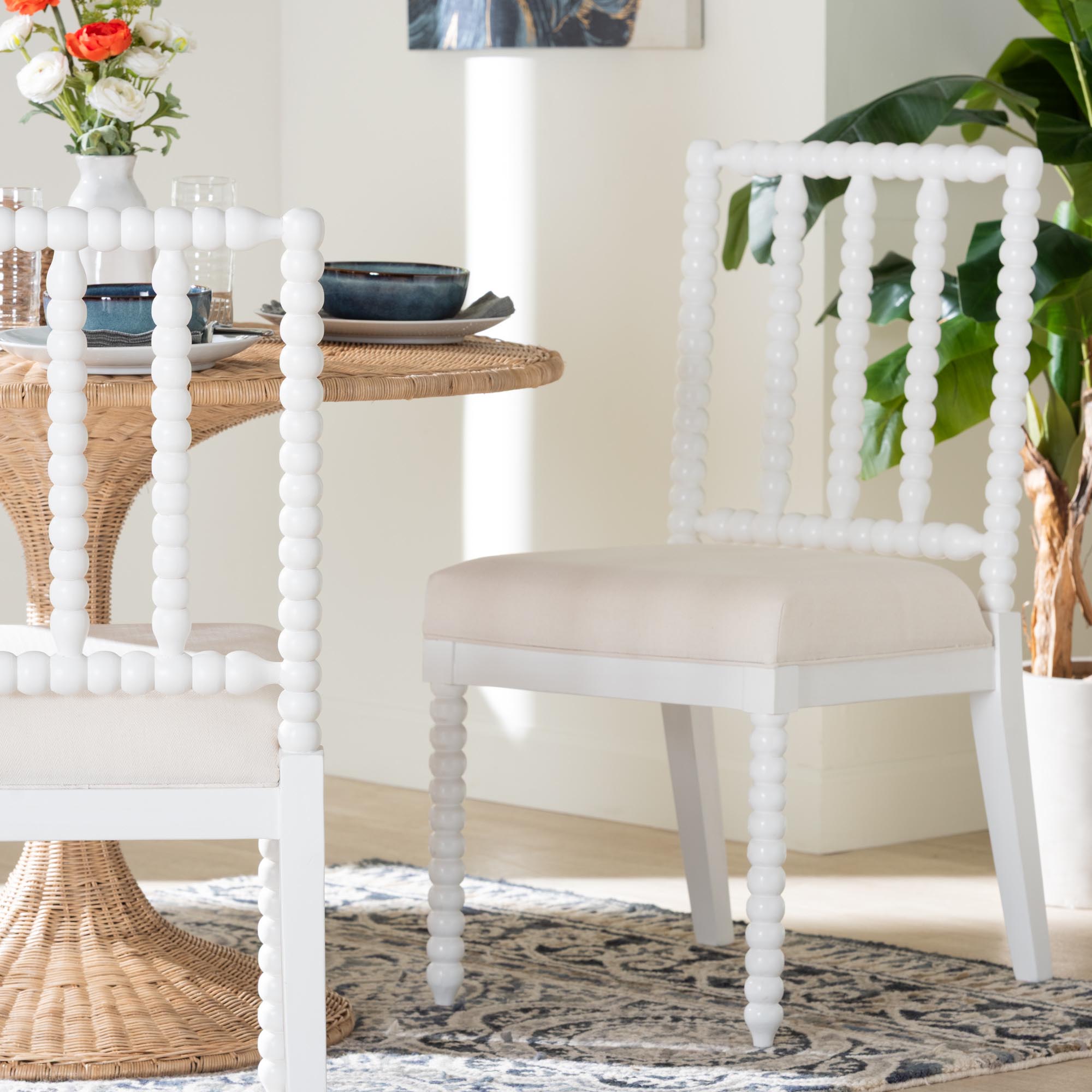 bali & pari Deya Bobbin Dining Chair - Wood Side Chair with Upholstered Seat and Spindle Backrest, White