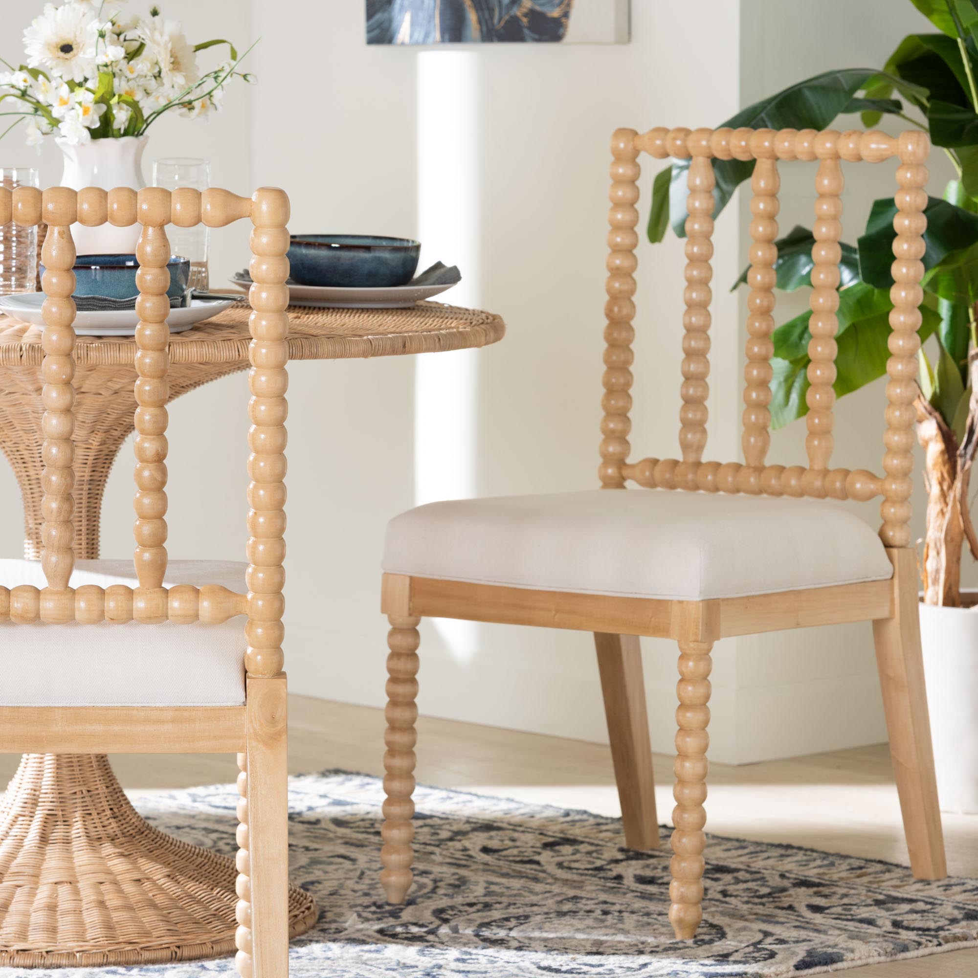 bali & pari Deya Bobbin Dining Chair - Wood Side Chair with Upholstered Seat and Spindle Backrest, Natural Brown