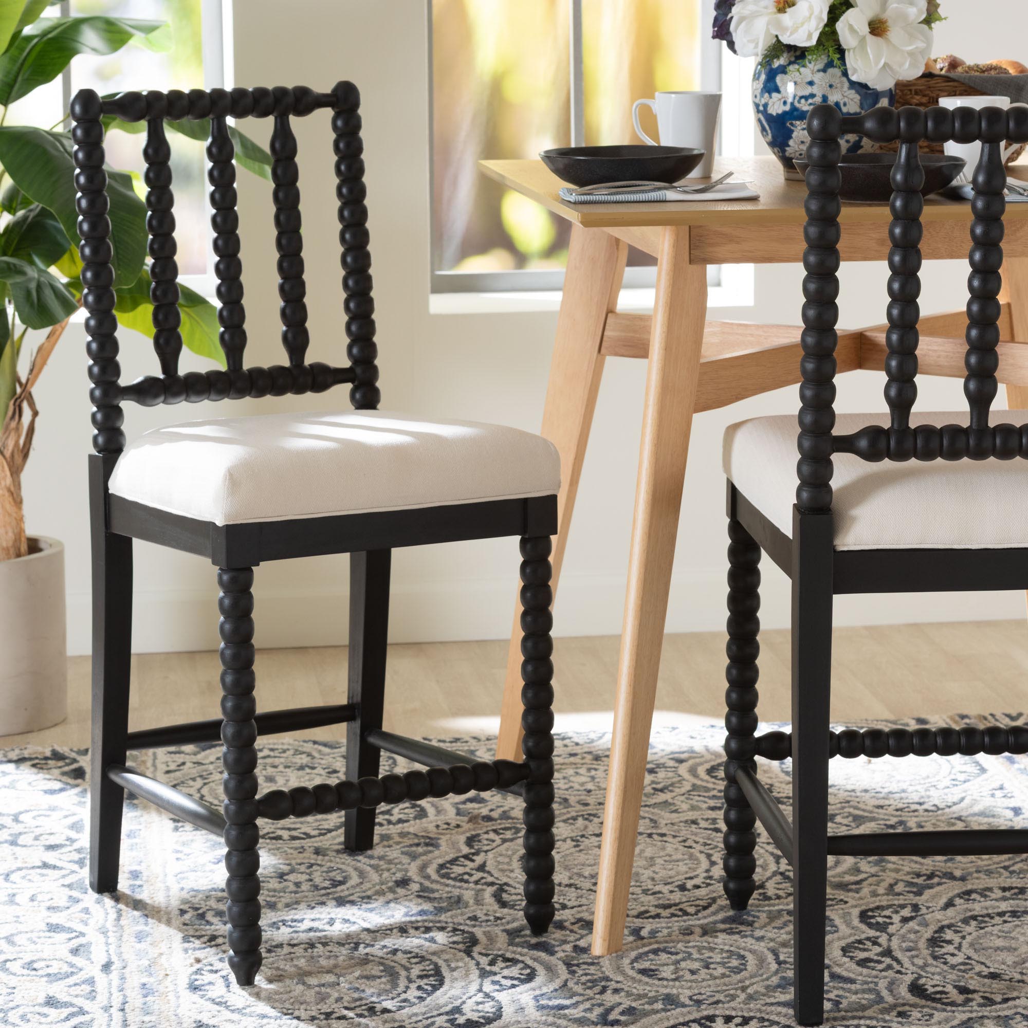 bali & pari Deya Bobbin Counter Stool - Sculptural Wood Kitchen Seating with Upholstered Seat and Spindle Back, Black