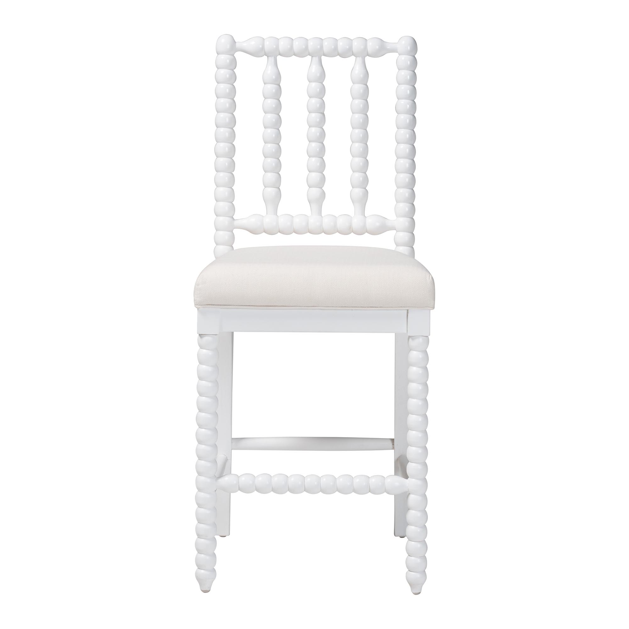 bali & pari Deya Bobbin Counter Stool - Sculptural Wood Kitchen Seating with Upholstered Seat and Spindle Back, White