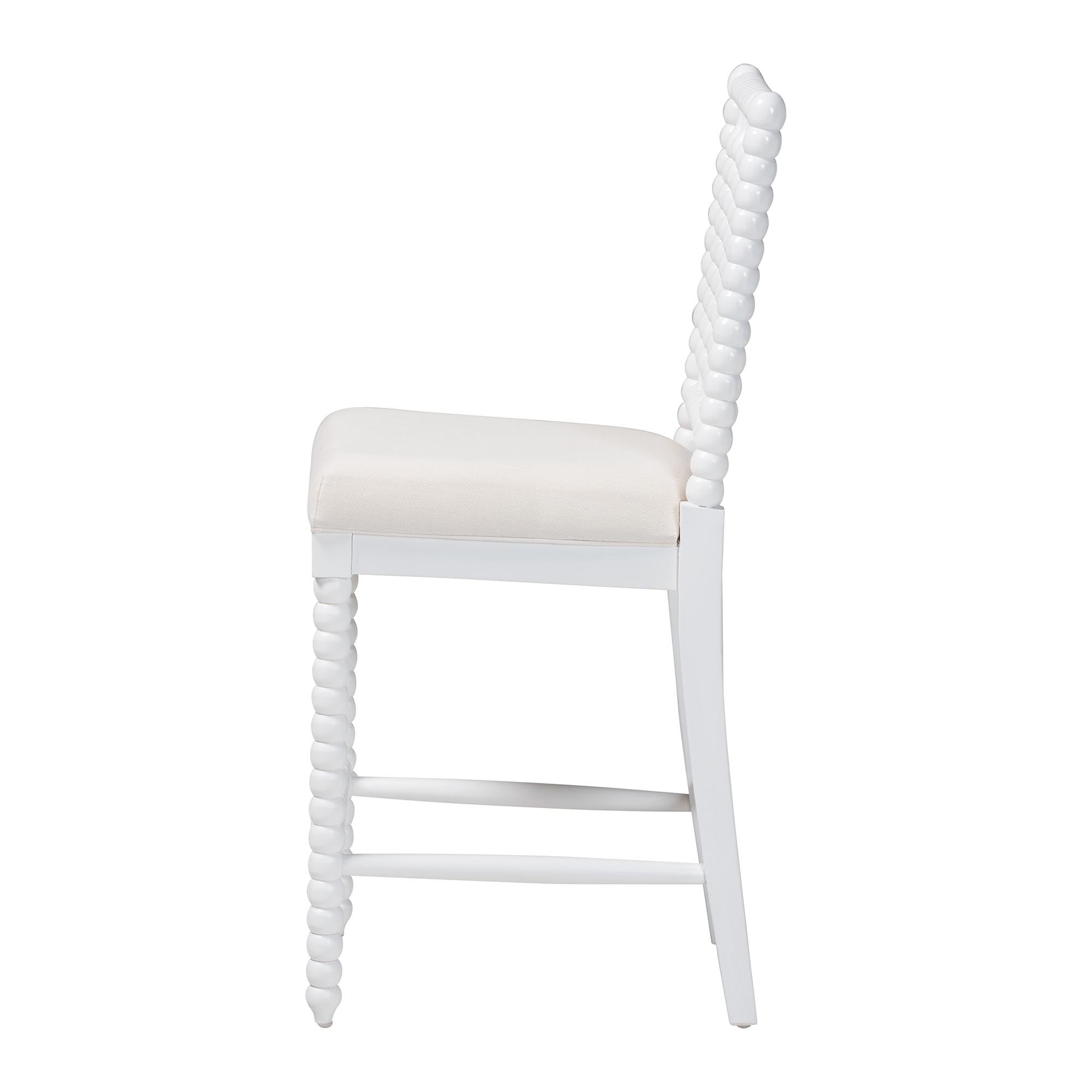 bali & pari Deya Bobbin Counter Stool - Sculptural Wood Kitchen Seating with Upholstered Seat and Spindle Back, White