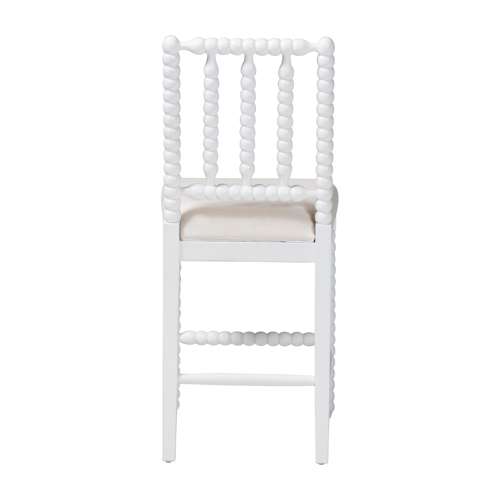 bali & pari Deya Bobbin Counter Stool - Sculptural Wood Kitchen Seating with Upholstered Seat and Spindle Back, White