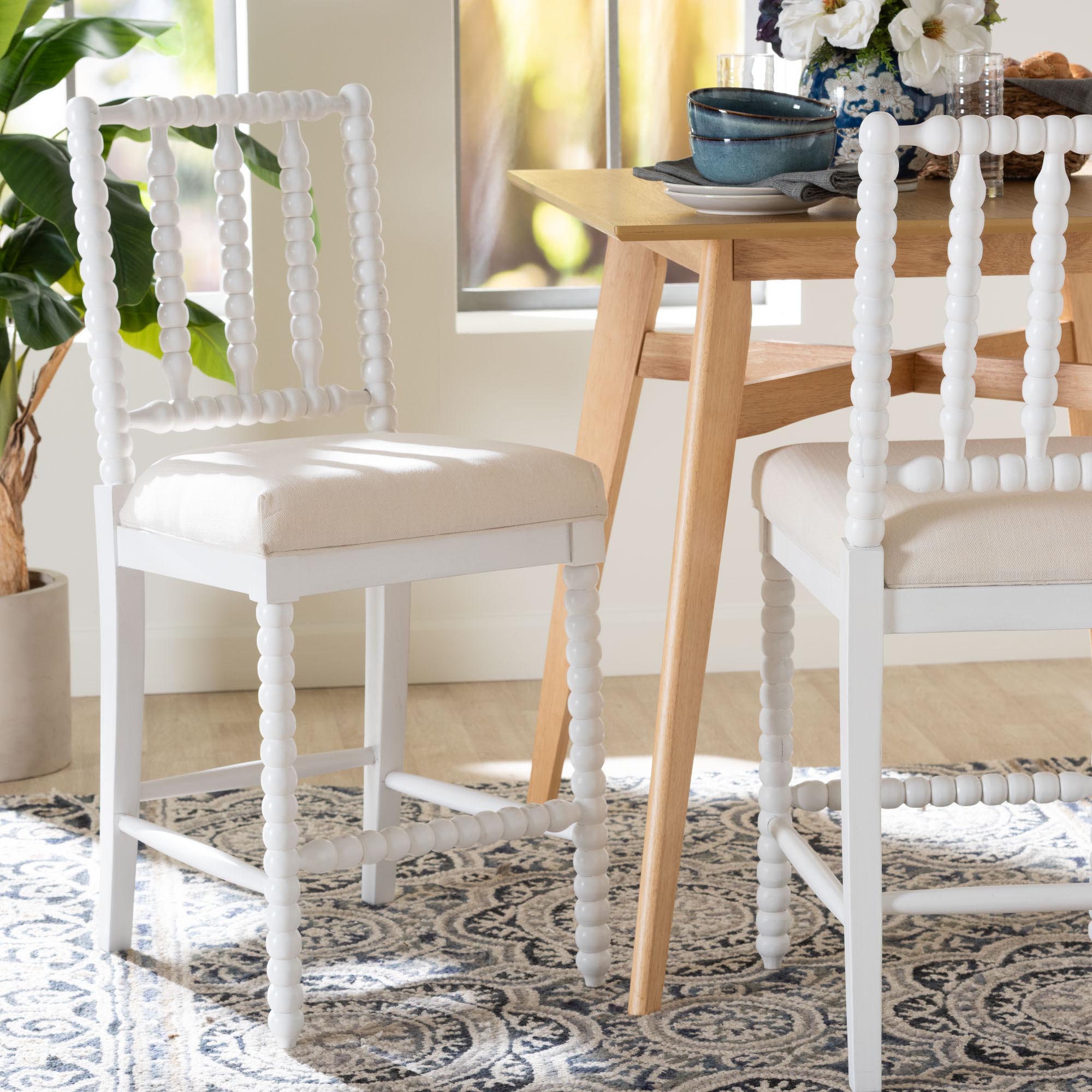 bali & pari Deya Bobbin Counter Stool - Sculptural Wood Kitchen Seating with Upholstered Seat and Spindle Back, White