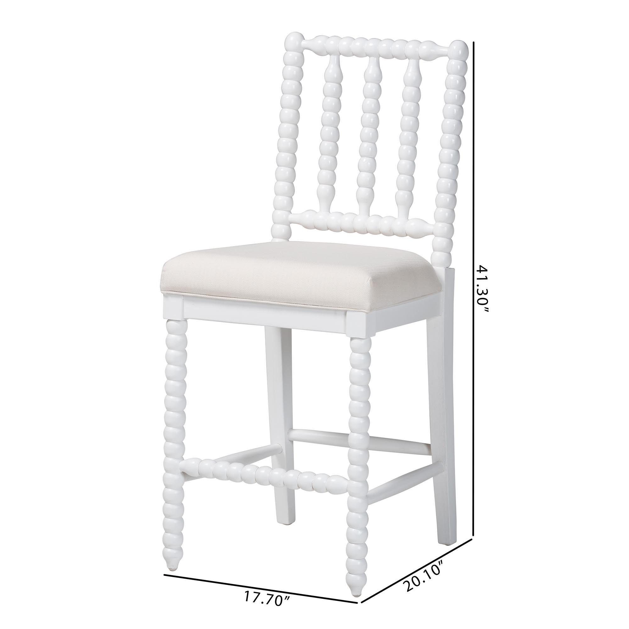bali & pari Deya Bobbin Counter Stool - Sculptural Wood Kitchen Seating with Upholstered Seat and Spindle Back, White