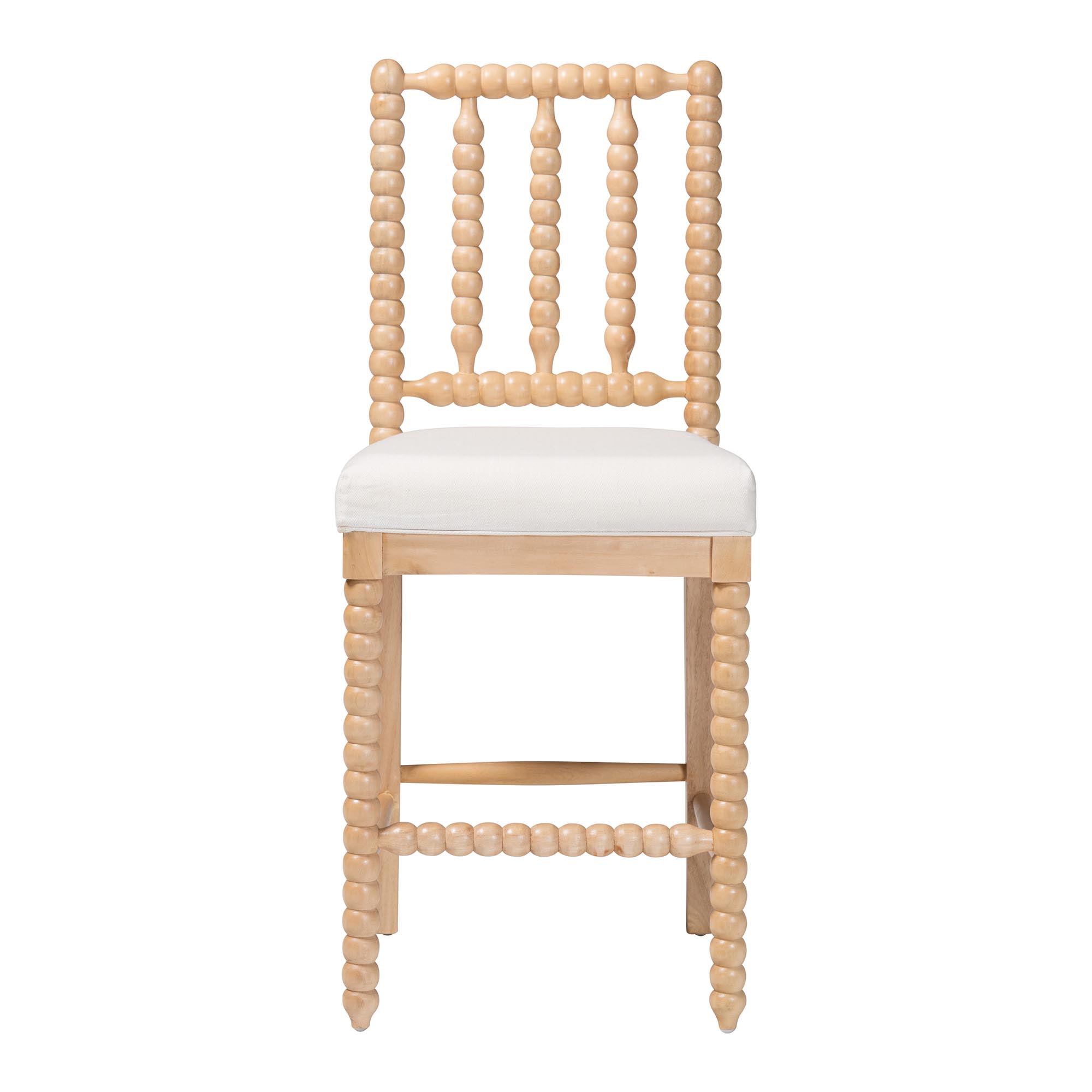 bali & pari Deya Bobbin Counter Stool - Sculptural Wood Kitchen Seating with Upholstered Seat and Spindle Back, Natural Brown
