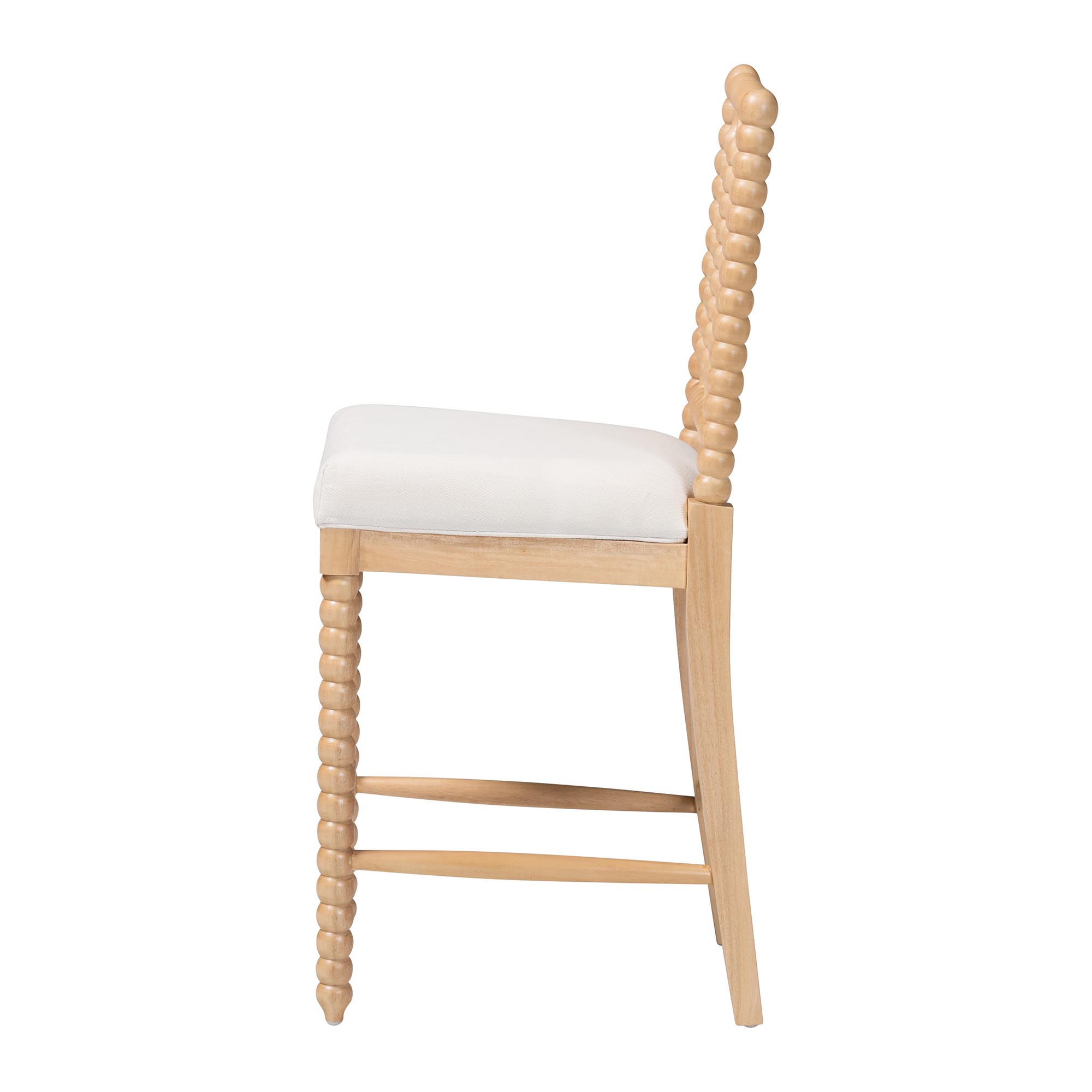bali & pari Deya Bobbin Counter Stool - Sculptural Wood Kitchen Seating with Upholstered Seat and Spindle Back, Natural Brown