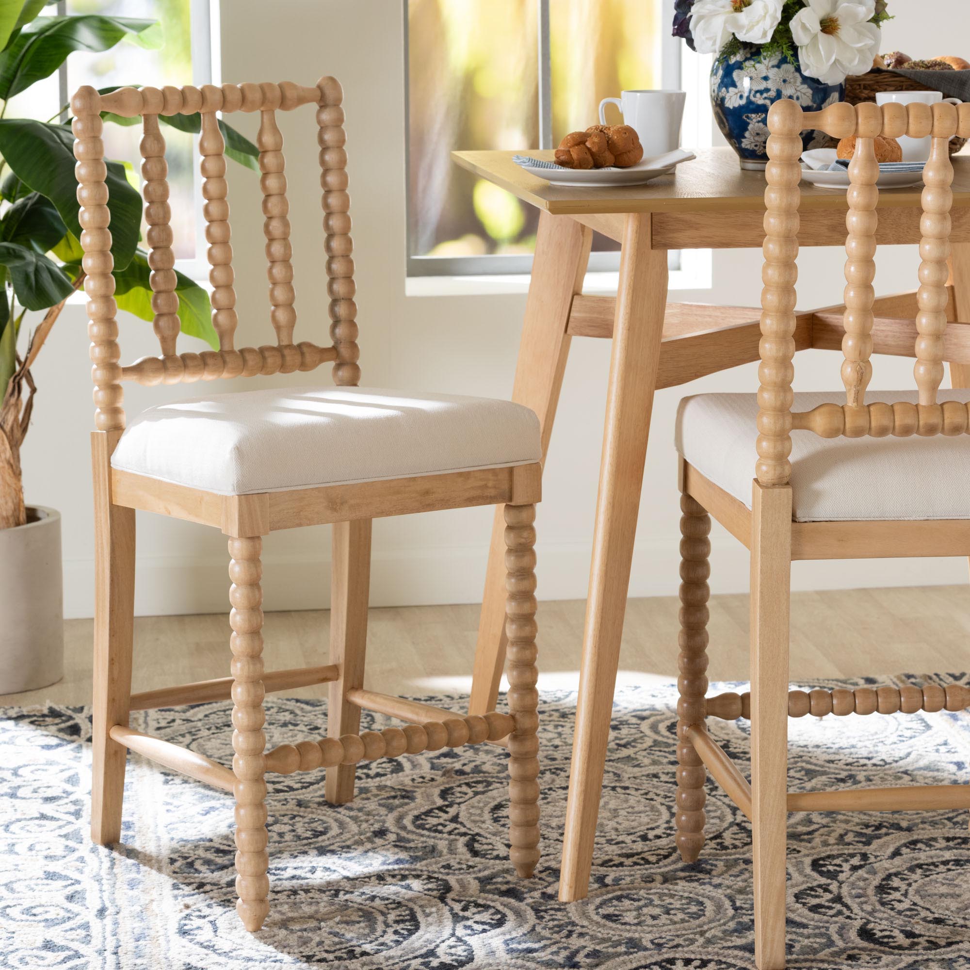 bali & pari Deya Bobbin Counter Stool - Sculptural Wood Kitchen Seating with Upholstered Seat and Spindle Back, Natural Brown
