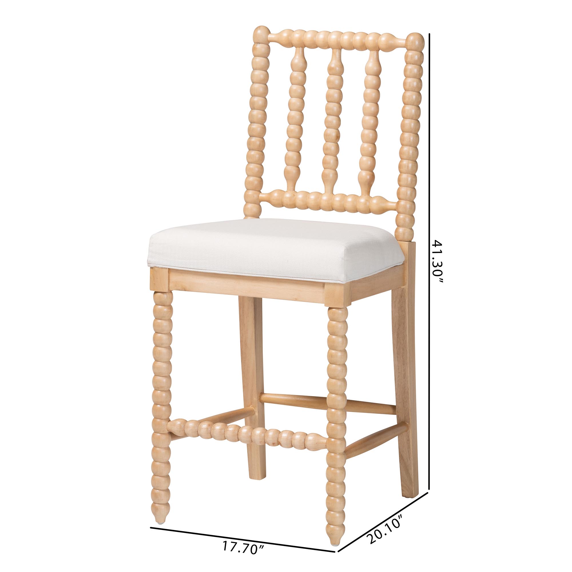 bali & pari Deya Bobbin Counter Stool - Sculptural Wood Kitchen Seating with Upholstered Seat and Spindle Back, Natural Brown