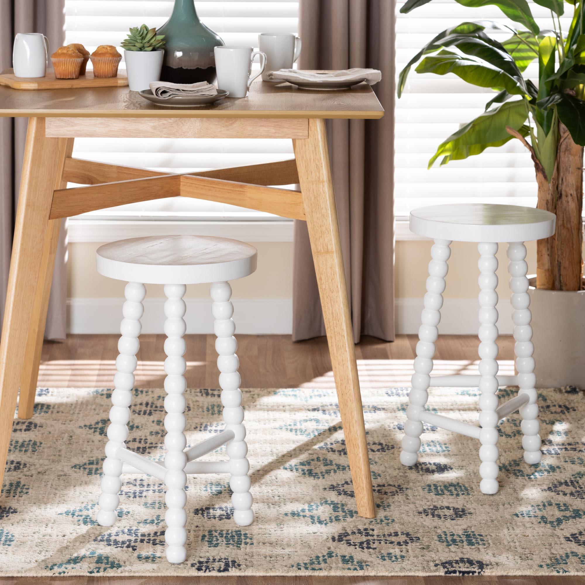 bali & pari David Acacia Wood Bobbin Counter Stool - Sculptural Backless Accent Stool for Kitchen Island or Lounge with Footrest, White