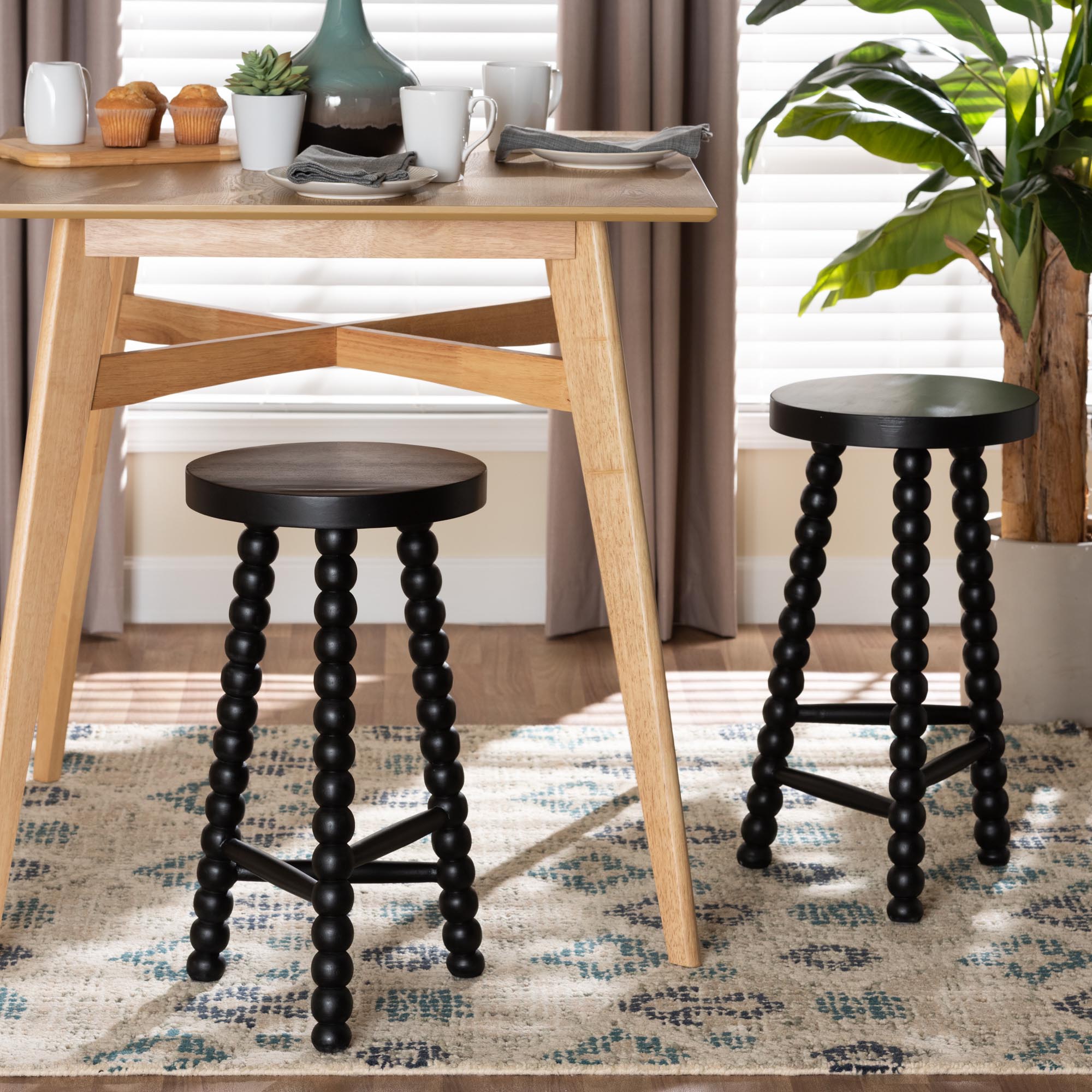 bali & pari David Acacia Wood Bobbin Counter Stool - Sculptural Backless Accent Stool for Kitchen Island or Lounge with Footrest, Black