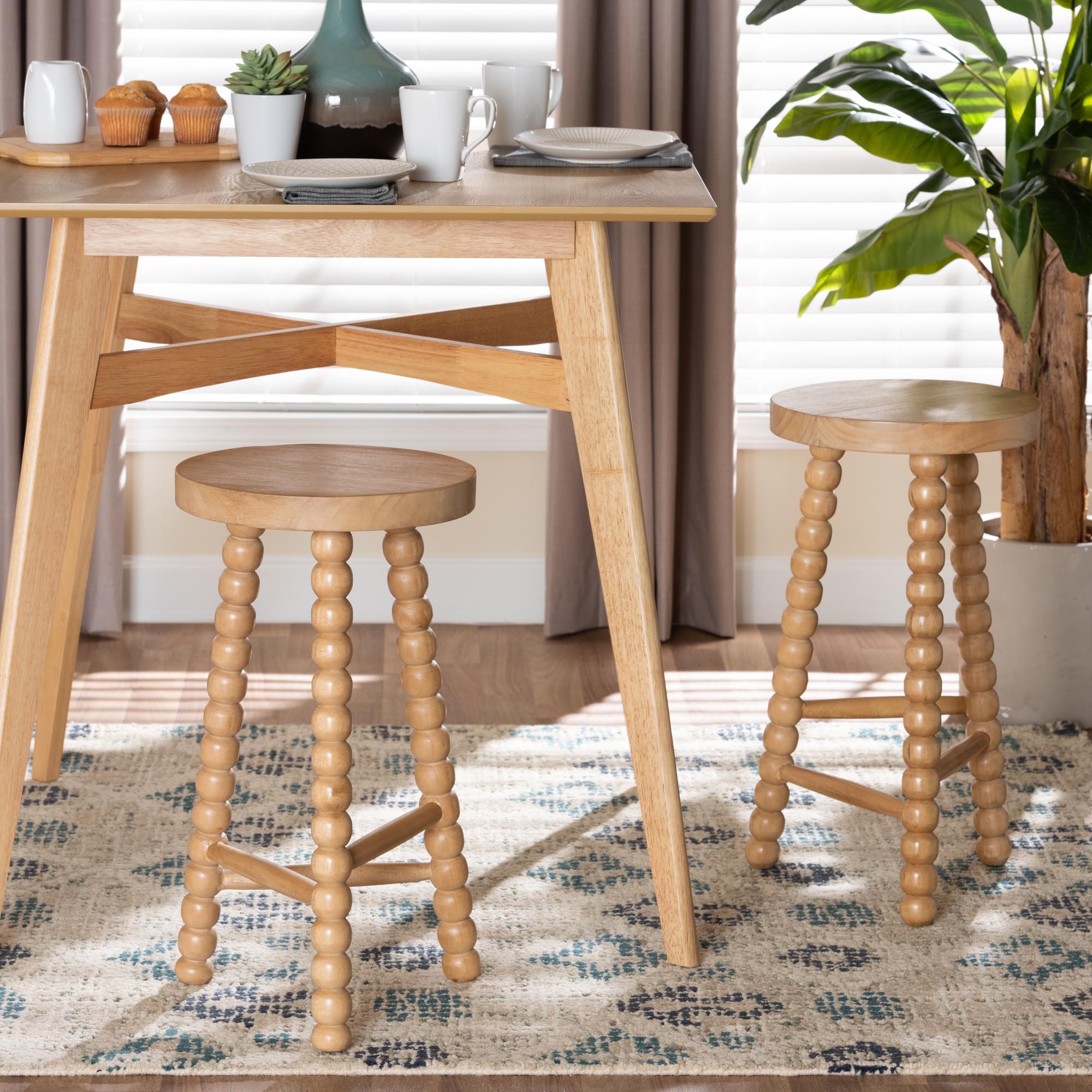 bali & pari David Acacia Wood Bobbin Counter Stool - Sculptural Backless Accent Stool for Kitchen Island or Lounge with Footrest, Natural Brown
