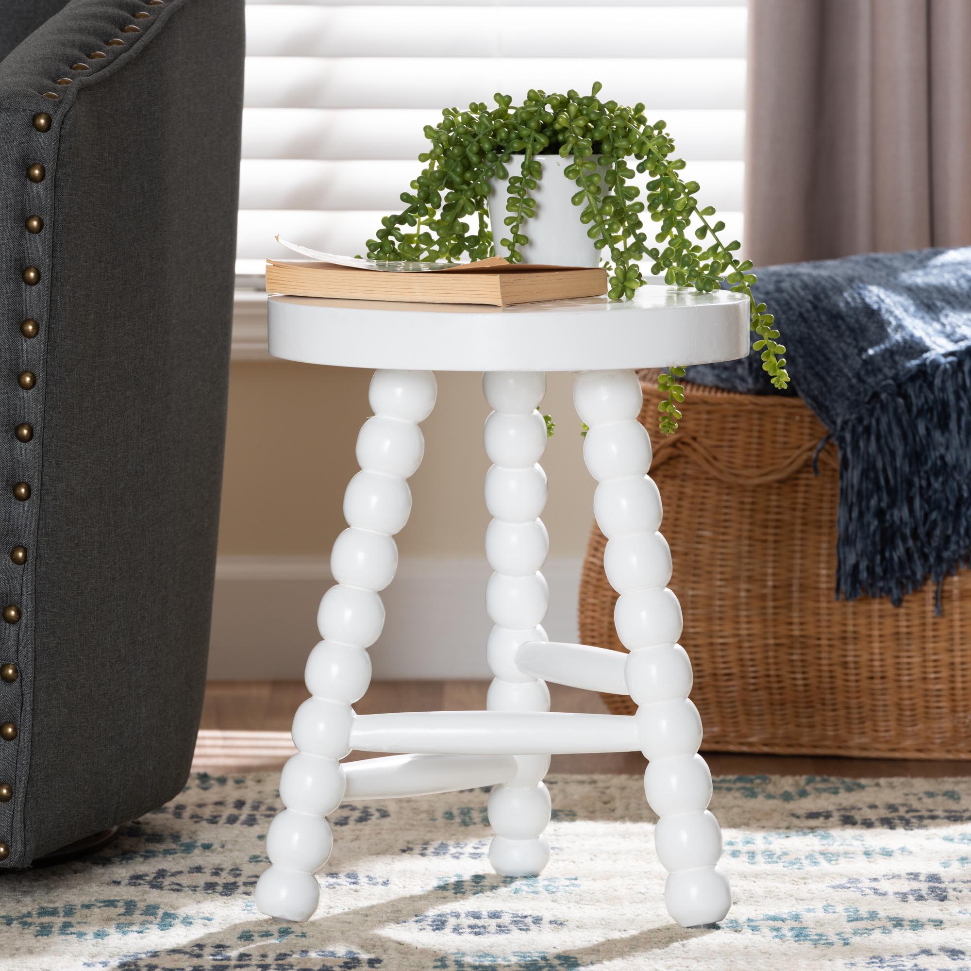 bali & pari David Acacia Wood Multipurpose Accent Stool - Turned Bobbin Decorative Side ottoman with Tripod Base, White
