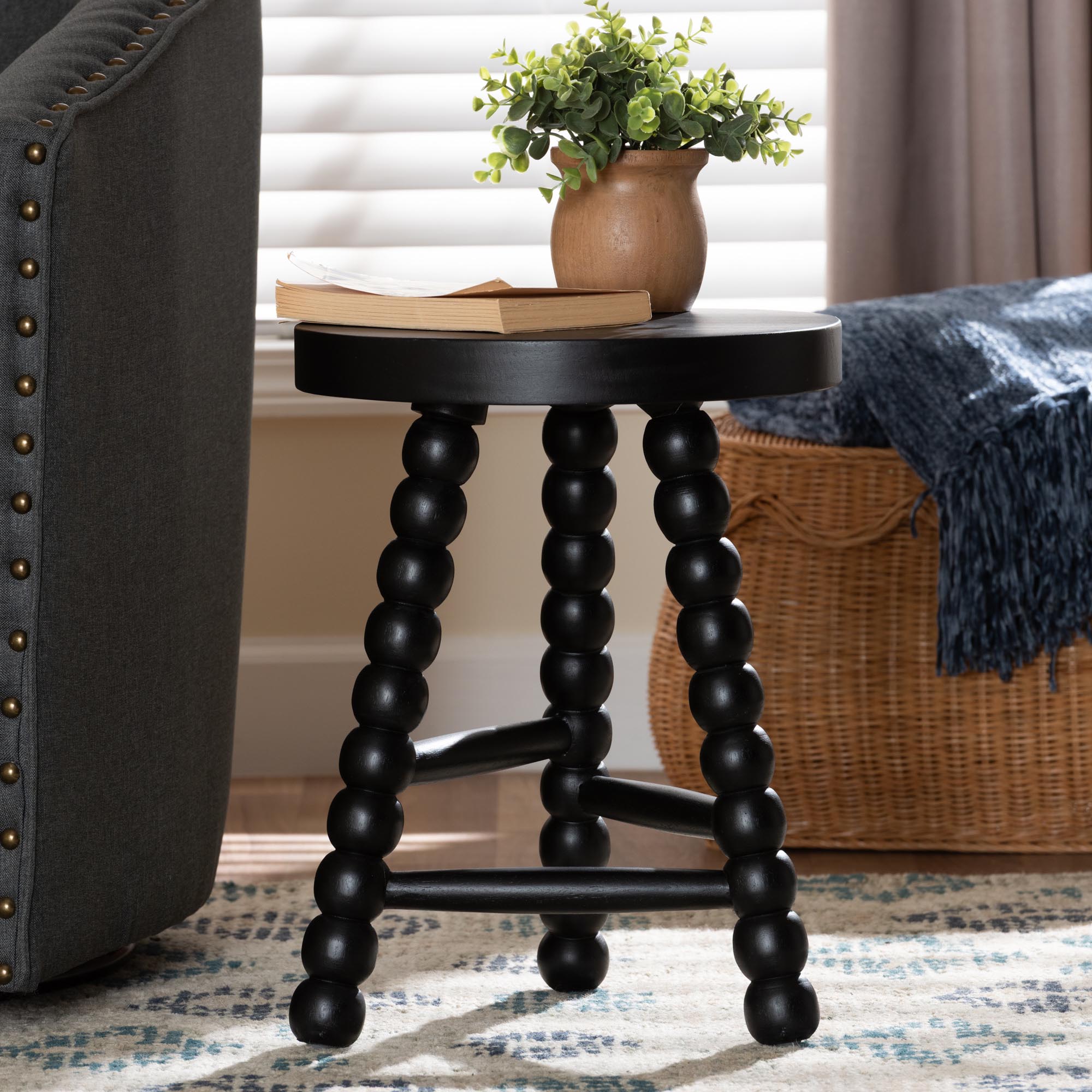 bali & pari David Acacia Wood Multipurpose Accent Stool - Turned Bobbin Decorative Side ottoman with Tripod Base, Black