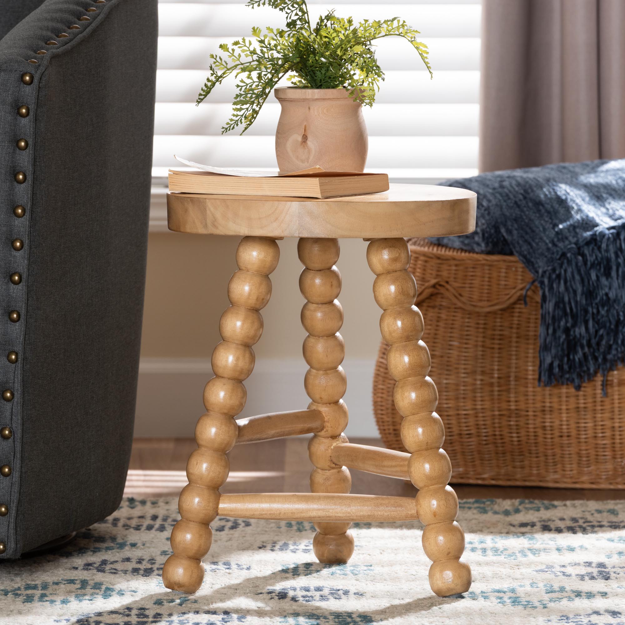 bali & pari David Acacia Wood Multipurpose Accent Stool - Turned Bobbin Decorative Side ottoman with Tripod Base, Natural Brown