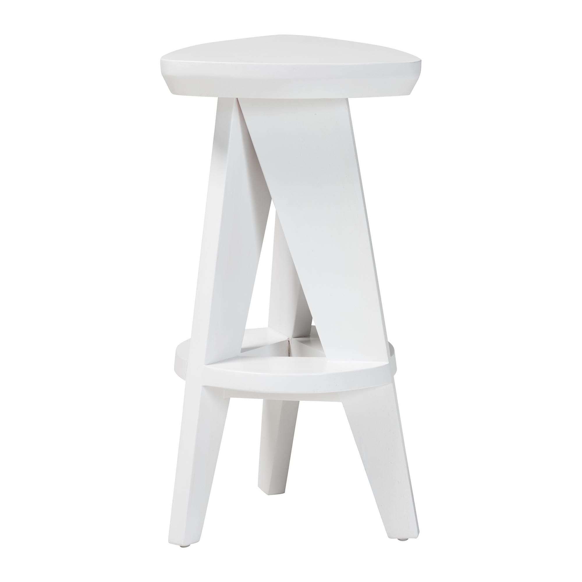 bali & pari Roy Wood Counter Stool - Sculptural Backless Accent Stool with Geometric Base and Integrated Footrest, White