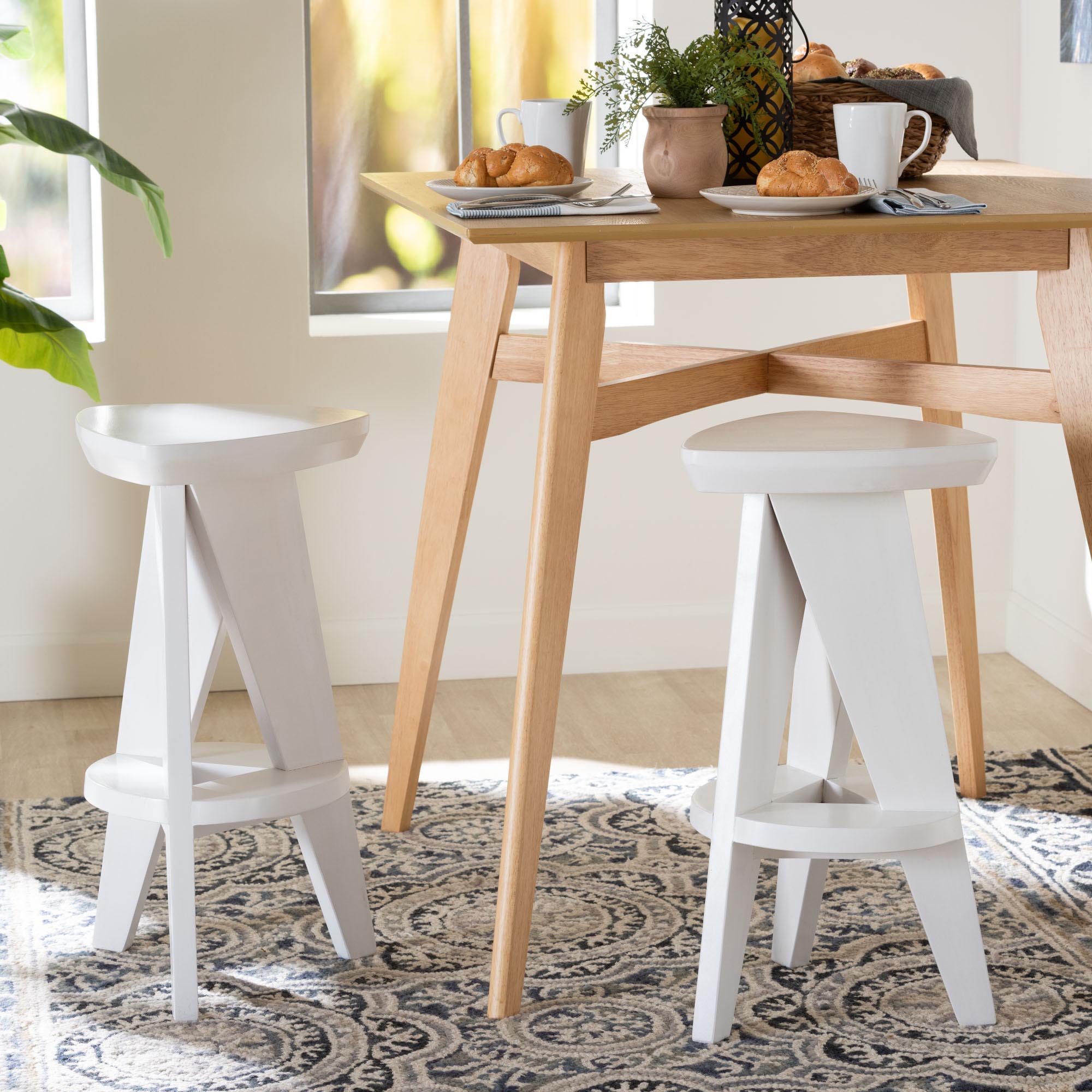 bali & pari Roy Wood Counter Stool - Sculptural Backless Accent Stool with Geometric Base and Integrated Footrest, White
