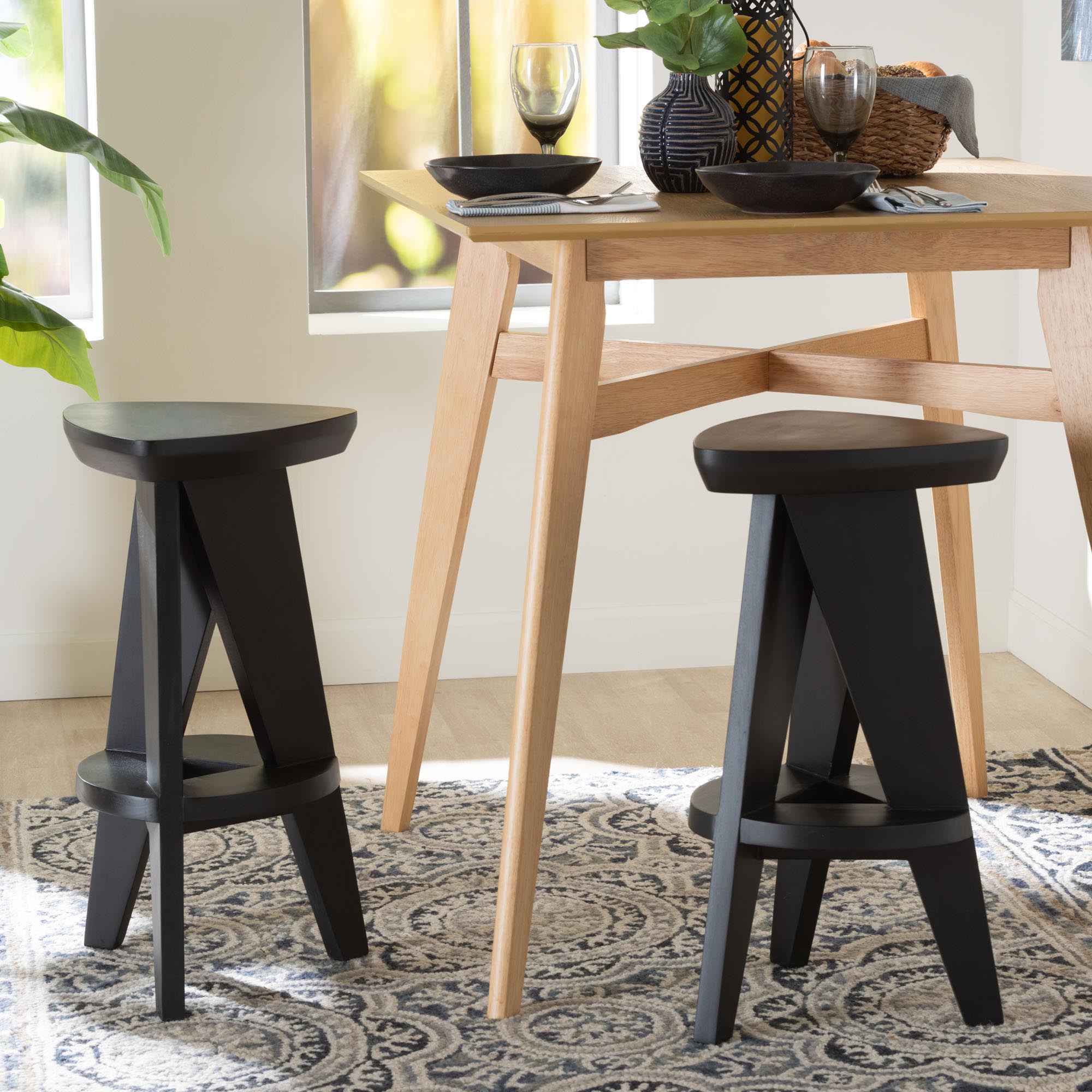 bali & pari Roy Wood Counter Stool - Sculptural Backless Accent Stool with Geometric Base and Integrated Footrest, Black