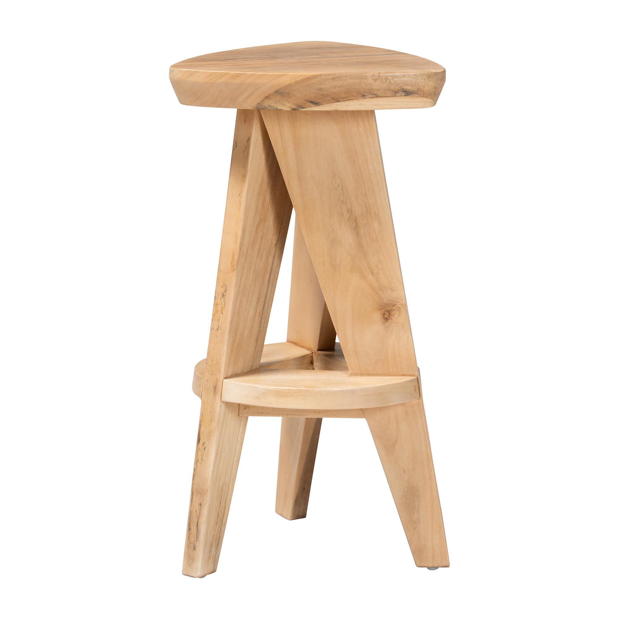 bali & pari Roy Wood Counter Stool - Sculptural Backless Accent Stool with Geometric Base and Integrated Footrest, Natural Brown