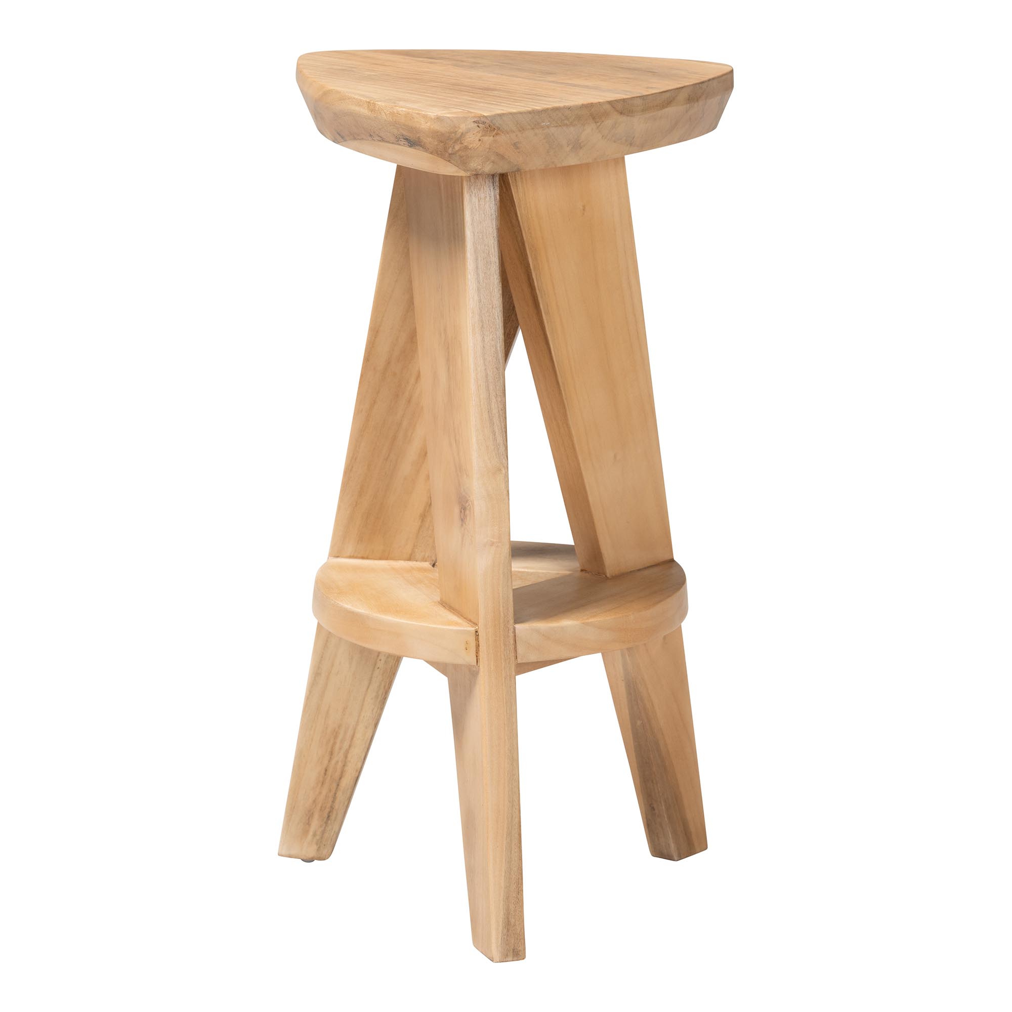 bali & pari Roy Wood Counter Stool - Sculptural Backless Accent Stool with Geometric Base and Integrated Footrest, Natural Brown