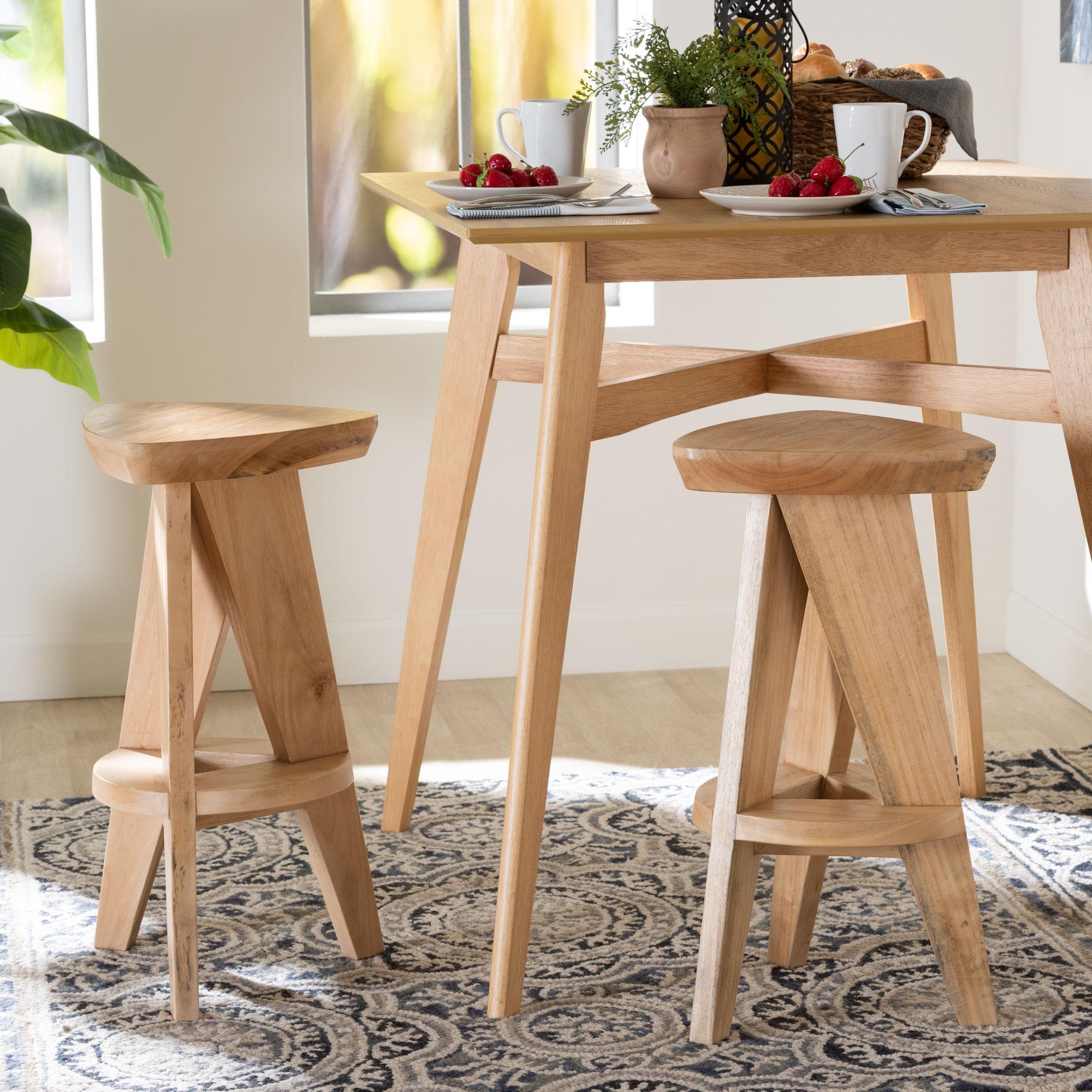 bali & pari Roy Wood Counter Stool - Sculptural Backless Accent Stool with Geometric Base and Integrated Footrest, Natural Brown