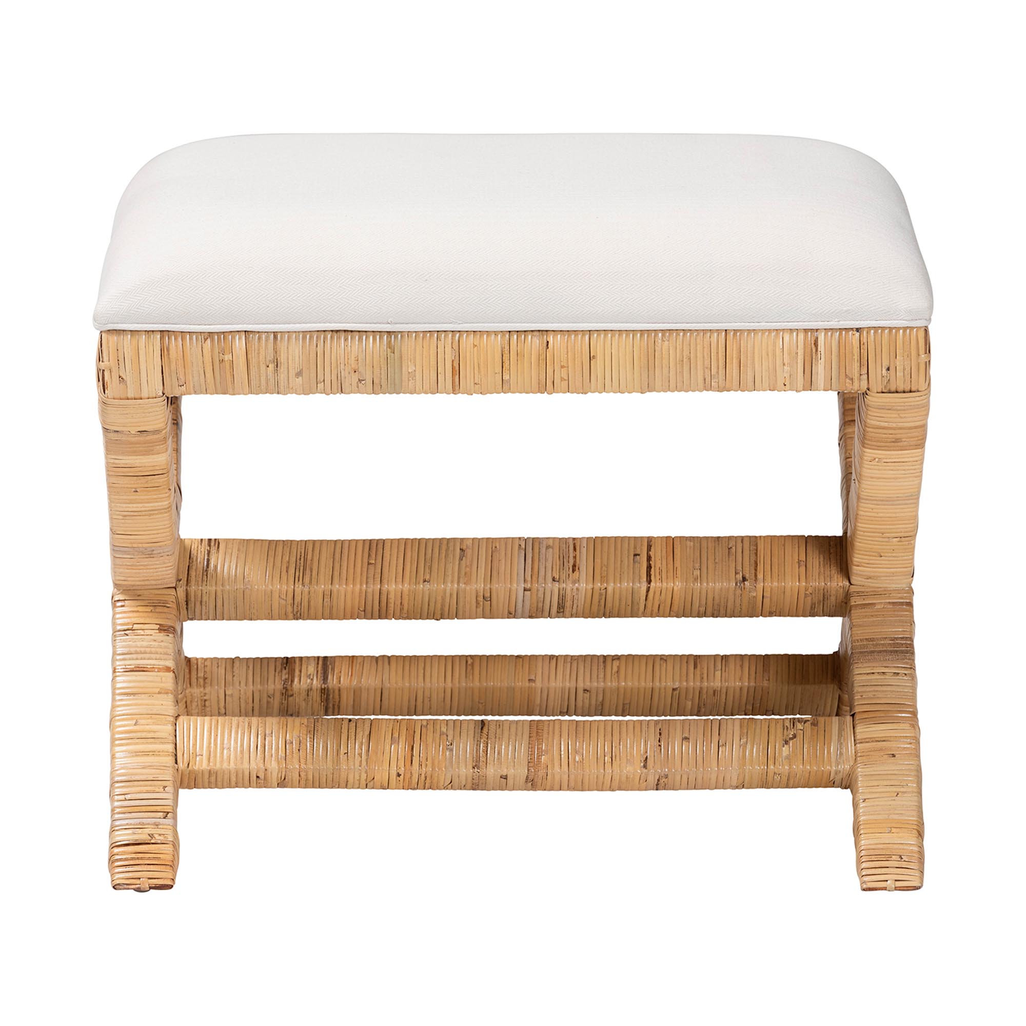 bali & pari Christy Natural Rattan Ottoman - Hand Wrapped Wicker Accent Stool with Cushioned Seat and Crisscross Frame