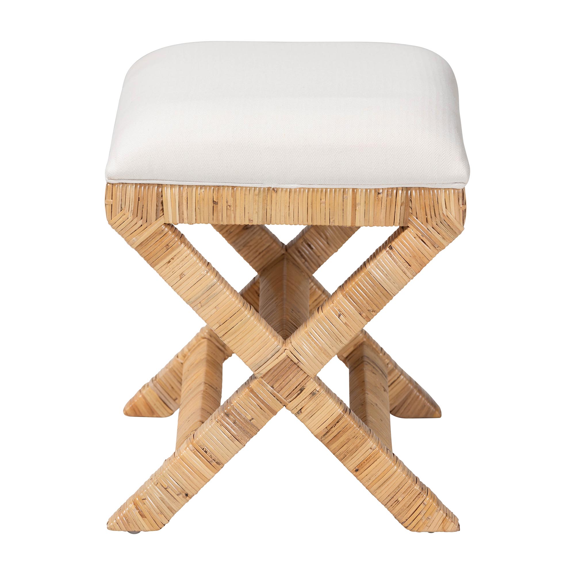bali & pari Christy Natural Rattan Ottoman - Hand Wrapped Wicker Accent Stool with Cushioned Seat and Crisscross Frame